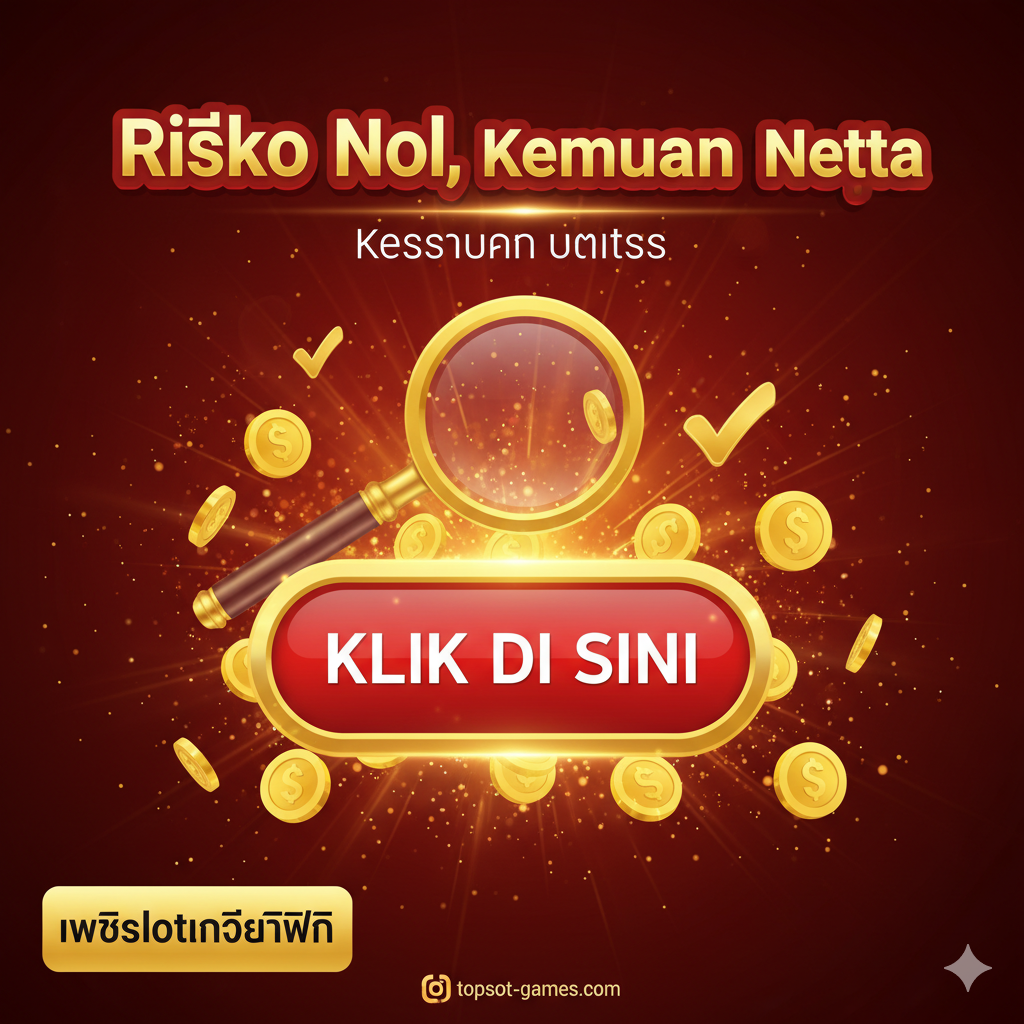 Gambar Call-to-Action. Sebuah tombol besar "KLIK DI SINI" atau "DAFTAR SEKARANG" di tengah, dikelilingi oleh koin emas dan tanda kemenangan. Menekankan "Risiko Nol, Kemenangan Nyata" dan promosi Kredit Gratis.