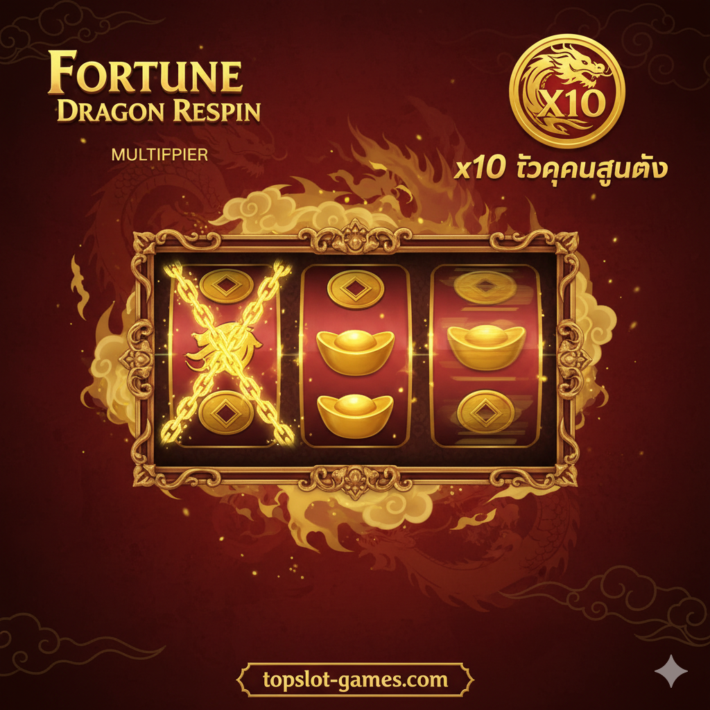 功能特性图，重点展示'Fortune Dragon Respin'和'Multiplier'。图片主体是一个带有3x3网格的老虎机画面，其中两个卷轴（Reels）被金色锁链或光芒锁定，第三个卷轴正在快速旋转，象征Respin功能。在画面醒目的位置（如上方或角落），用小图标和泰语文字突出显示'x10 ตัวคูณสูงสุด'。整体色调为暗金和红色，突出游戏的高回报潜力，构图清晰，直观地解释游戏的核心玩法机制。