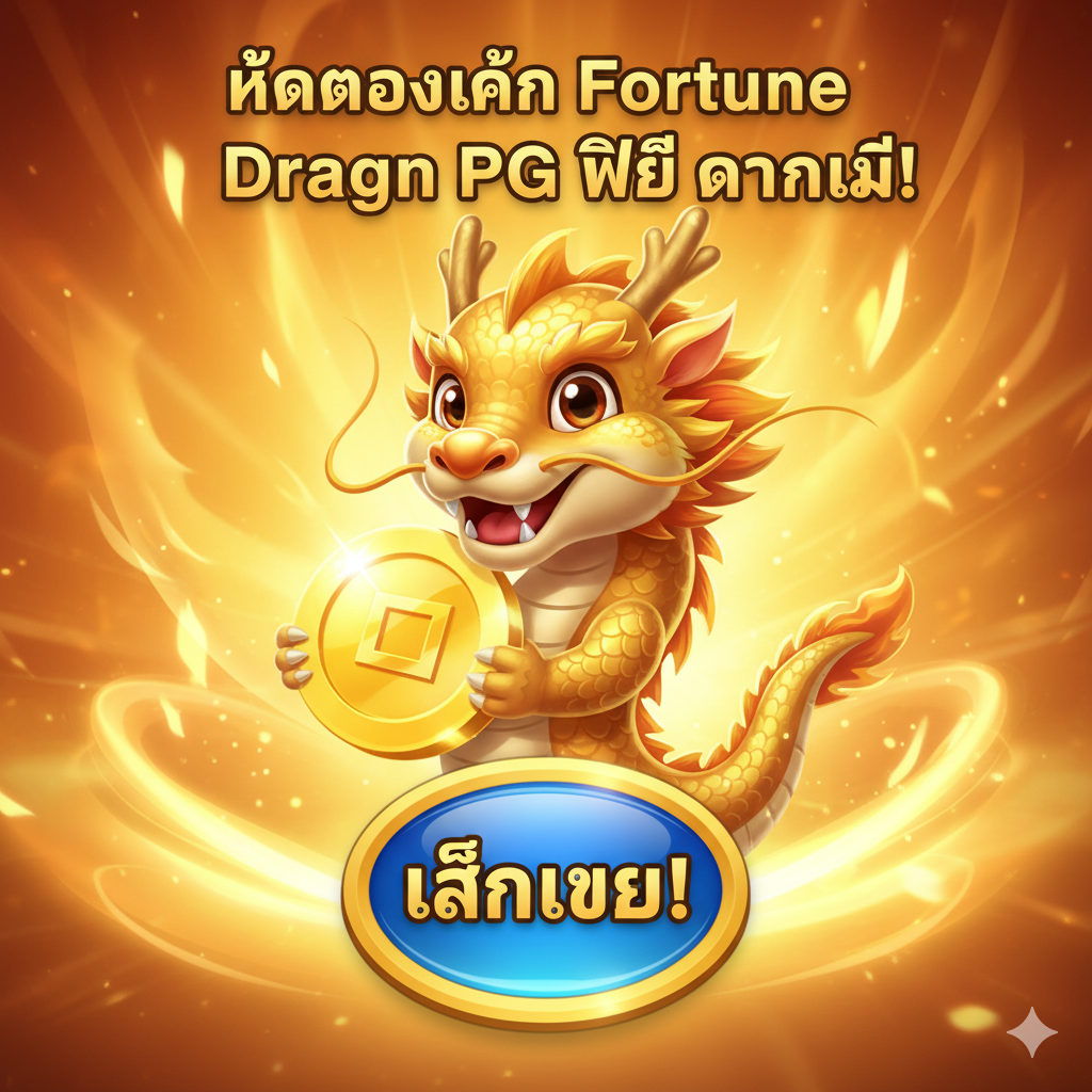 总结和行动呼吁图，用于文章末尾的CTA。图片中心是一条卡通化但充满活力的金色小龙，面带微笑，手中拿着一枚巨大的金币。背景应是温暖的金色和橙色光芒，暗示幸运和财富。最上方或中心位置使用大号泰语文字'ทดลองเล่น Fortune Dragon PG ฟรี ตอนนี้!'，下方配一个醒目的虚拟按钮图案。整体感觉积极、有趣且令人ตื่นเต้น，激励读者立即点击试玩。