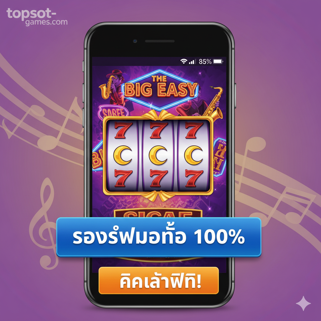 用于总结และ行动号召的图片。画面以移动端游玩体验为重点，展示一个用户ในสมาร์ทโฟน上（可以是iOS或Android界面）เล่น《The Big Easy》老虎机的截图，以强调“รองรับมือถือ 100%”（100% Mobile Support）。背景柔和地融入 topslot-games.com 的LOGO或品牌色调。底部添加一个巨大的、泰语的行动呼吁按钮（例如：“คลิกเล่นฟรี!” – Click to Play Free!），鼓励用户立即เริ่มเกม。