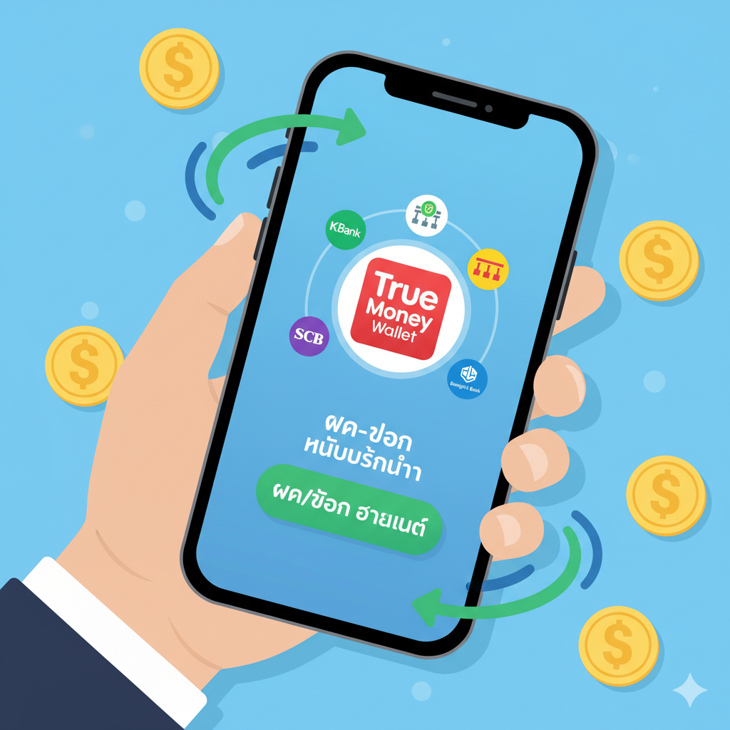 ภาพประกอบส่วนคุณสมบัติเด่นของเว็บไซต์ (ระบบการเงิน/ฝากถอน) ภาพเน้นความรวดเร็วและสะดวกสบาย แสดงมือข้างหนึ่งกำลังถือโทรศัพท์มือถือ โดยมีหน้าจอแสดงโลโก้ True Money Wallet และไอคอนธนาคารต่างๆ (เช่น KBank, SCB) ล้อมรอบด้วยเหรียญทองและสัญลักษณ์ 'ไม่มีขั้นต่ำ' (No Minimum) ภาพใช้โทนสีฟ้า/เขียว/ทอง เน้นการออกแบบที่สะอาดและน่าเชื่อถือ โฟกัสไปที่ปุ่ม 'ฝาก/ถอน อัตโนมัติ' บนหน้าจอโทรศัพท์มือถือ