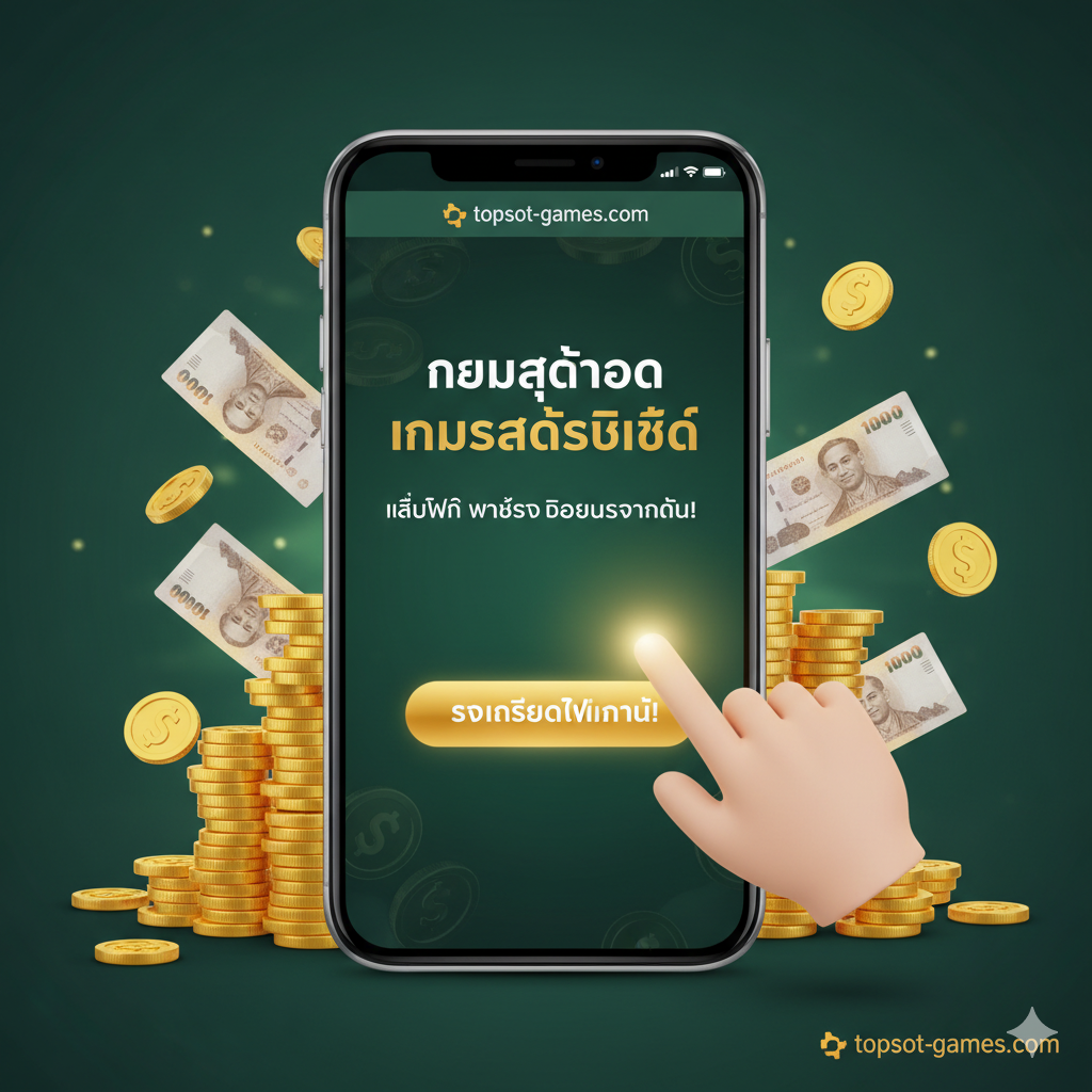 ภาพสรุปและข้อเสนอพิเศษสุดท้าย แสดงโทรศัพท์มือถือที่เปิดหน้าจอเว็บไซต์ topslot-games.com โดยมีรูปมือยกขึ้นมาแตะที่ปุ่ม 'รับเครดิตฟรีทันที!' ด้านล่างของโทรศัพท์มีกองเหรียญทองขนาดใหญ่และธนบัตรไทยจำนวนมาก พร้อมโลโก้ของเว็บไซต์เล็กๆ อยู่ด้านล่าง ภาพใช้โทนสีเขียว/ทอง เน้นความอุดมสมบูรณ์และการได้รับผลตอบแทนที่ดี สื่อถึงการเชิญชวนให้ 'เล่นสล็อตมือถือฟรี' และรับโบนัสต้อนรับ