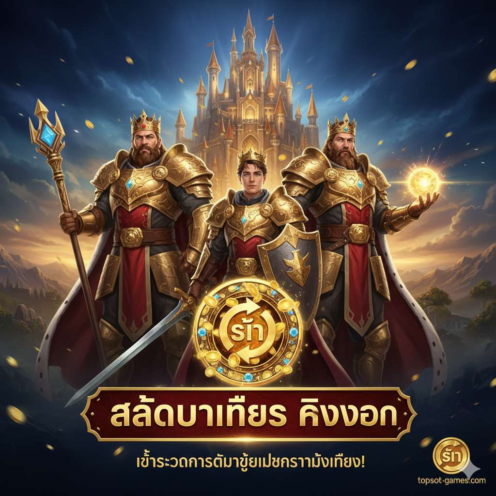 一张高品质ของ封面图,以Slot Brothers Kingdomเป็น主题。画面主体是两到三个英勇的“兄弟”国王或骑士角色,他们身着金色和红色的华丽盔甲,背景是一座雄伟壮丽的金色城堡（Kingdom Castle）。整体风格应是史诗般的、豪华且充满胜利气息。使用深邃的金色、皇家蓝和鲜艳的红色作为主色调,强调“王室”และ“财富”的主题。画面中心应有一个发光的**สล็อต (Slot)**徽章或符号,暗示游戏属性。构图应充满力量感和吸引力,以立即抓住泰语读者的注意力。