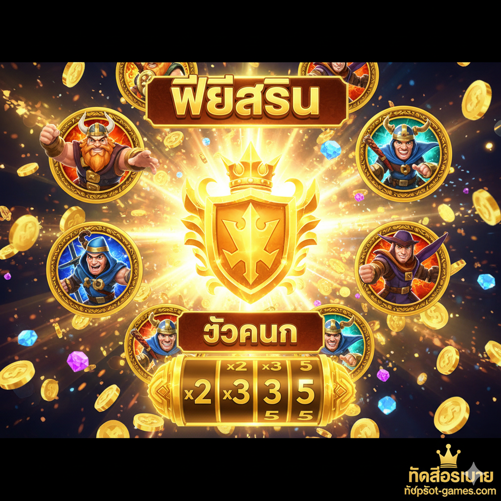 一张清晰展示游戏核心功能的图。图片应模拟Slot Brothers Kingdom的游戏界面局部放大,突出显示ฟรีสปิน (Free Spins)และตัวคูณ (Multiplier)ขององค์ประกอบ。中心是一枚巨大的、闪耀着金色光芒的Scatter symbol (ตราสัญลักษณ์อาณาจักร),周围环绕着Wild symbols (รูปภาพพี่น้อง)。背景是魔法效果或爆炸性的金币,象征着大奖“แตก” (แตกง่าย)。色彩应明亮且对比强烈,以便突出显示这些关键符号和奖励机制,风格为3D游戏渲染。