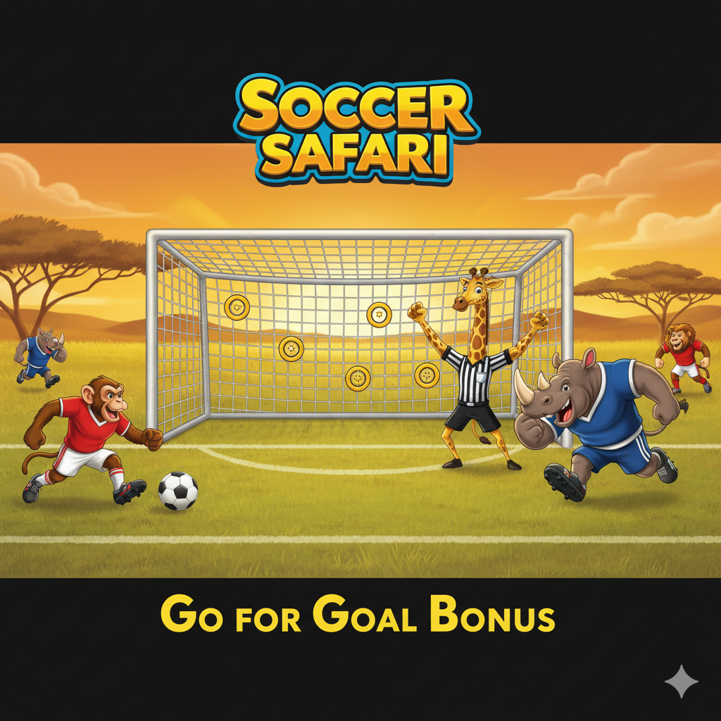 ภาพประกอบเน้นฟีเจอร์โบนัส 'Go for Goal Bonus' แสดงให้เห็นหน้าจอโบนัสที่มีพื้นหลังสนามฟุตบอลในทุ่งหญ้า มีประตูฟุตบอลขนาดใหญ่และมีเป้าหมาย 5 จุดให้เลือก ผู้ตัดสินยีราฟที่เป็นสัญลักษณ์โบนัสยืนอยู่ข้างประตูด้วยท่าทางที่ตื่นเต้น พร้อมกับสัตว์นักฟุตบอลตัวอื่นๆ (เช่น ลิงหรือแรด) ที่กำลังเตรียมยิงลูก ภาพนี้ควรเน้นความน่าตื่นเต้นและโอกาสในการชนะรางวัลใหญ่จากรอบโบนัสนี้