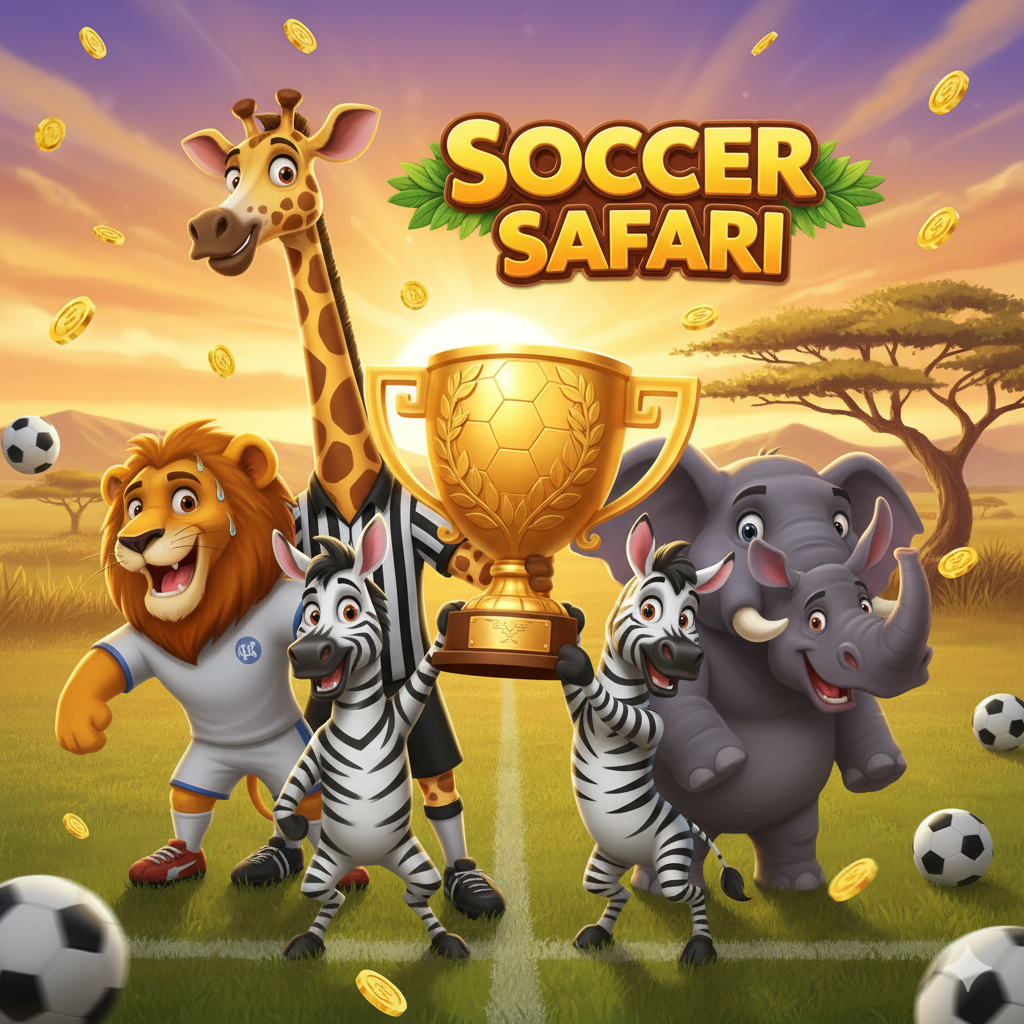 ภาพสรุปที่รวมมาสคอตหลักของเกมไว้ด้วยกันทั้งหมด เช่น สิงโต, ยีราฟกรรมการ, และสัตว์อื่นๆ ในชุดนักฟุตบอล พวกเขากำลังชูถ้วยรางวัลทองคำขนาดใหญ่ด้วยความยินดีในฉากหลังที่เป็นสนามฟุตบอลในยามพระอาทิตย์ตกดิน ภาพควรให้ความรู้สึกของการปิดท้ายที่สนุกสนานและเป็นเชิงบวก เน้นย้ำถึงธีมที่ไม่เหมือนใครและชัยชนะที่รอคอย สร้างแรงบันดาลใจให้ผู้เล่นมาร่วมสนุก