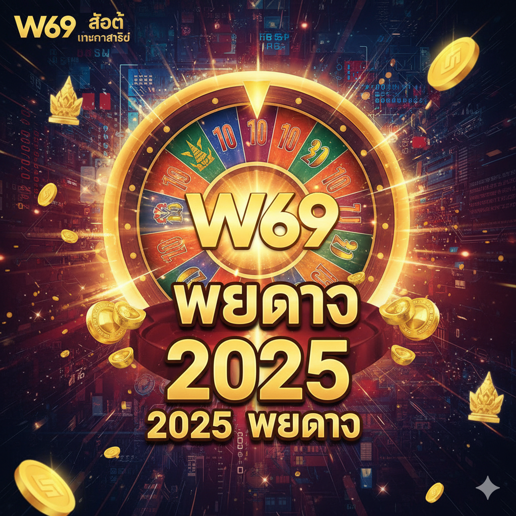 一张吸引人的封面图，主题为'W69 สล็อต ทางเข้าล่าสุด' (W69 Slot Latest Entrance)。图片应采用高饱和度的泰式风格（如金色、红色、深蓝），中央应有一个巨大的、发光的W69标志或老虎机轮盘（Slot Reel），背景是数字化的光束和芯片电路图，营造出快速、安全的科技感。重点突出'2025'และ'เว็บตรง'（Web Direct）的字样，使用泰语粗体字，构图居中且富有动感，让人联想到คลิก进入即可获得财富。