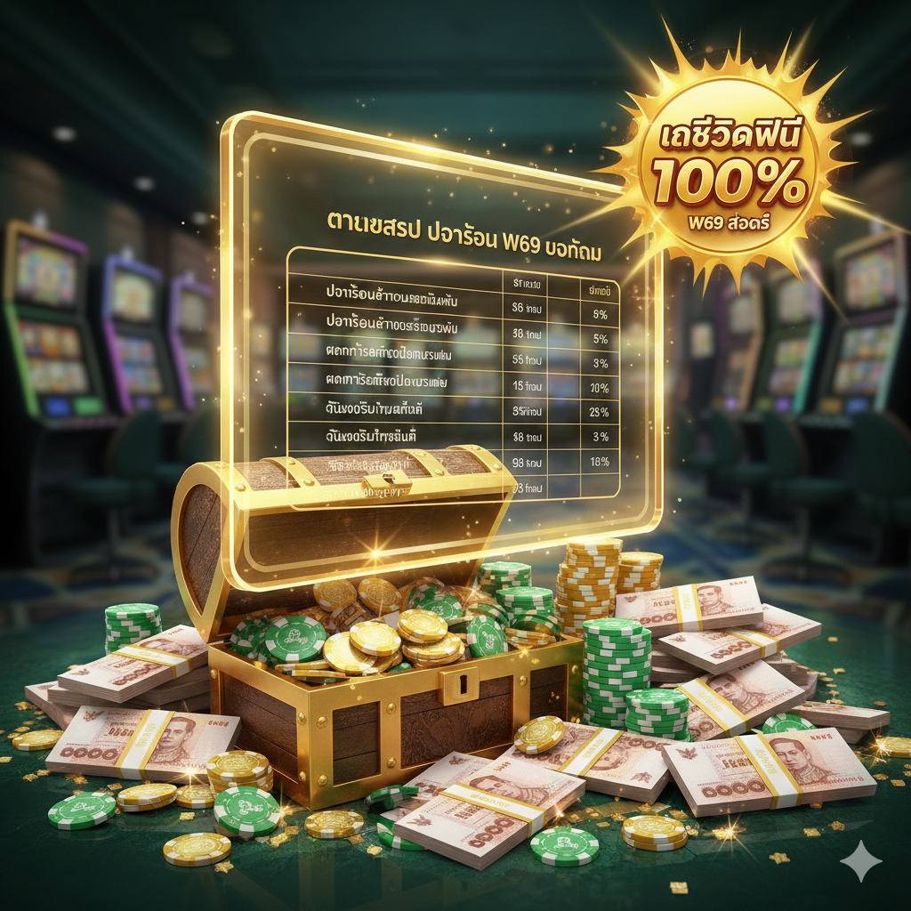 一张强调核心功能'W69 สล็อต เครดิตฟรี'（W69 Slot Free Credit）的图片。主要元素应是泰铢堆和筹码，旁边有一个透明的浮动窗口展示文章中的“ตารางสรุป โปรโมชั่น W69 ยอดนิยม”（Popular W69 Promotion Summary Table）。色彩以绿色和金色为主，象征财富和奖励。构图应侧重于清晰展示奖励和优惠，可以有一个夸张的'100%'หรือ'เครดิตฟรี 100'（Free Credit 100）的爆炸性标签，指向清晰的利益点，用于文章的“部分 2”。