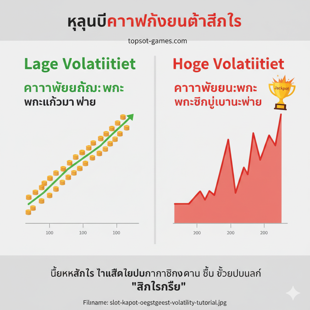 Een informatieve infographic die het verschil in uitbetalingen tussen 'Lage Volatiliteit' (veel kleine winsten) en 'Hoge Volatiliteit' (zeldzame, maar grote jackpots) toont, om spelers te onderwijzen over het risico van online slots.