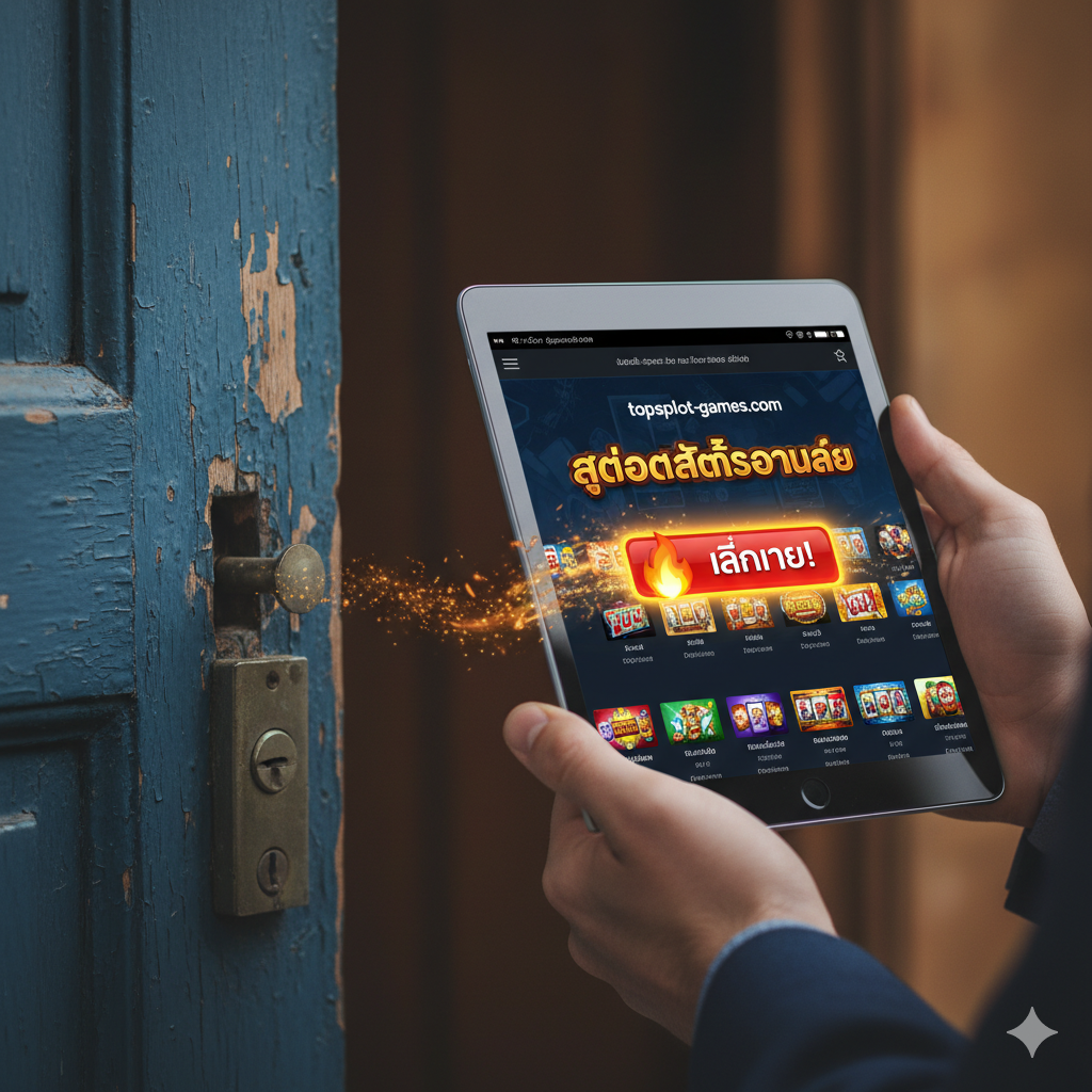 Een conclusieafbeelding met een onscherpe, traditionele slotkapot (deurslot) op de voorgrond en een scherp gefocuste smartphone met de 'Speel Nu'-knop van de website op de achtergrond, om de actie van de gebruiker te richten.