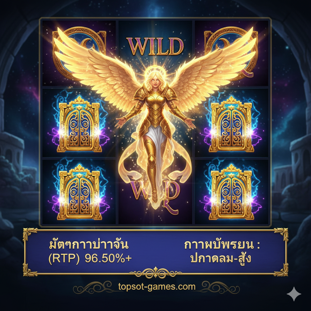 ภาพเน้นที่ฟีเจอร์หลักของเกม โดยแสดงภาพขยายของสัญลักษณ์พิเศษ: สัญลักษณ์ Wild (นางฟ้า) ที่กำลังขยายตัว (Expanding Wild) กินพื้นที่ทั้งรีล และสัญลักษณ์ Scatter (ประตูสวรรค์) 3 อันที่กำลังจุดประกายเพื่อเปิดโหมดฟรีสปิน. แถบข้อมูลด้านล่างควรเน้นตัวเลข RTP สูง (เช่น 96.50%+) และคำว่า 'Medium-High Volatility' เพื่อสื่อถึงโอกาสในการชนะรางวัลใหญ่. ใช้โทนสีน้ำเงินม่วงและทองเพื่อสื่อถึงความลึกลับและโชคลาภ.