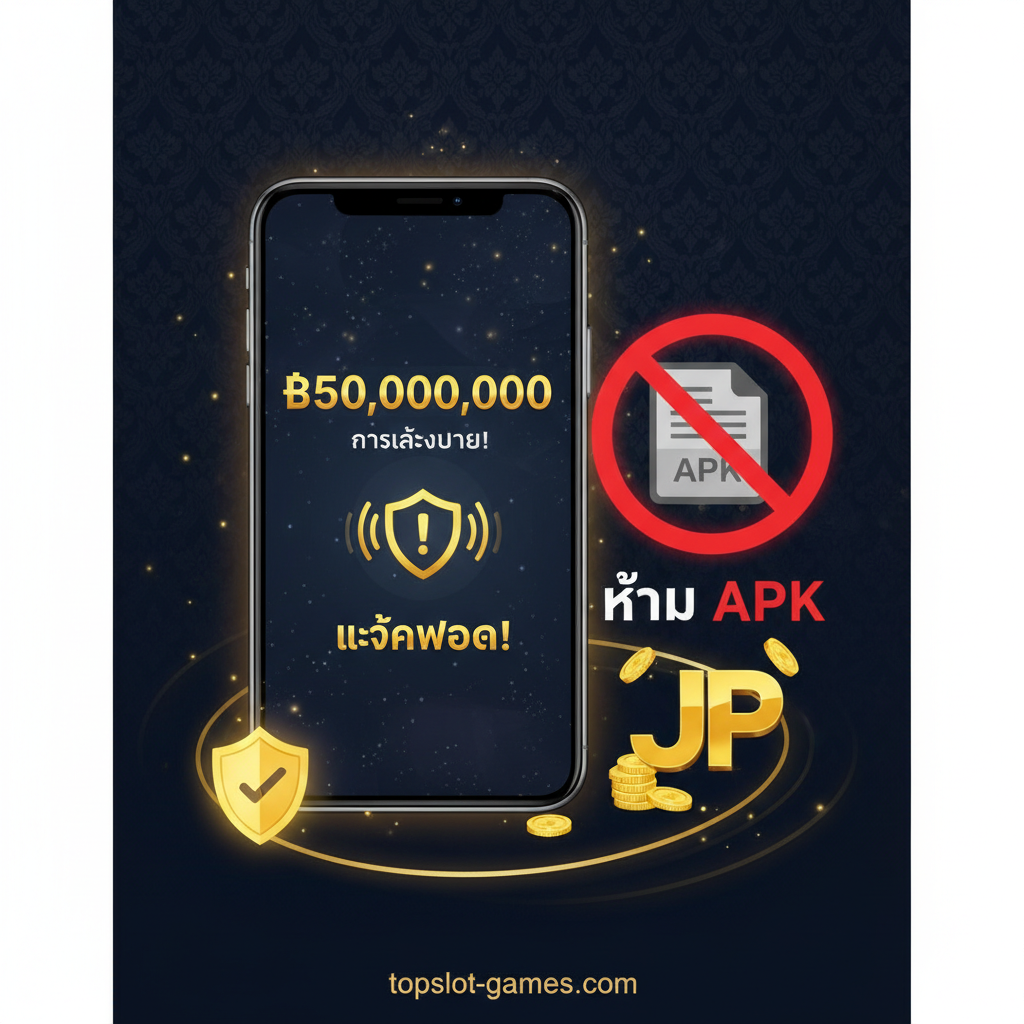 一张吸引眼球的封面图,以泰式风格的深色背景为主,展现topslot-games.com的安全性和高科技感。画面中心是一个放大的智能手机屏幕,屏幕上显示着一个闪烁的Jackpot数字和'Alert'หรือ'Notification'的图标,旁边是一个醒目的'🚫 NO APK'禁止标志,暗示拒绝不安全的APK。色彩采用高端的金色和深蓝色对比,强调安全(Shield icon)และ巨额奖金(Gold coins/Jackpot symbol)。整体构图旨在传达:放弃危险的APK,เลือก安全的官方平台。