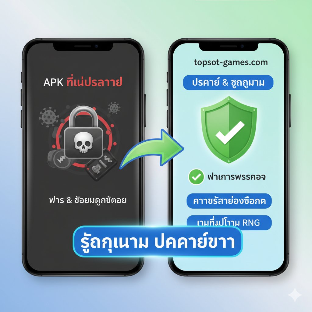 一张突出安全和合法优势的图片。构图为并列对比：左侧是阴暗、带有锁头和骷髅图标的'Unsafe APK'手机界面，象征着病毒และ数据被盗。右侧是明亮、带有🛡️ 安全盾牌และ✅ Verified Checkmark图标的 topslot-games.com 界面，象征着'ความปลอดภัยของข้อมูล' (Data Security) 和'เกมที่ยุติธรรม RNG' (Fair RNG Games)。中间用一个大箭头指向右侧，并配以泰语'ถูกกฎหมาย ปลอดภัยกว่า' (More Legal and Safer)，突出平台是合法透明的选择。