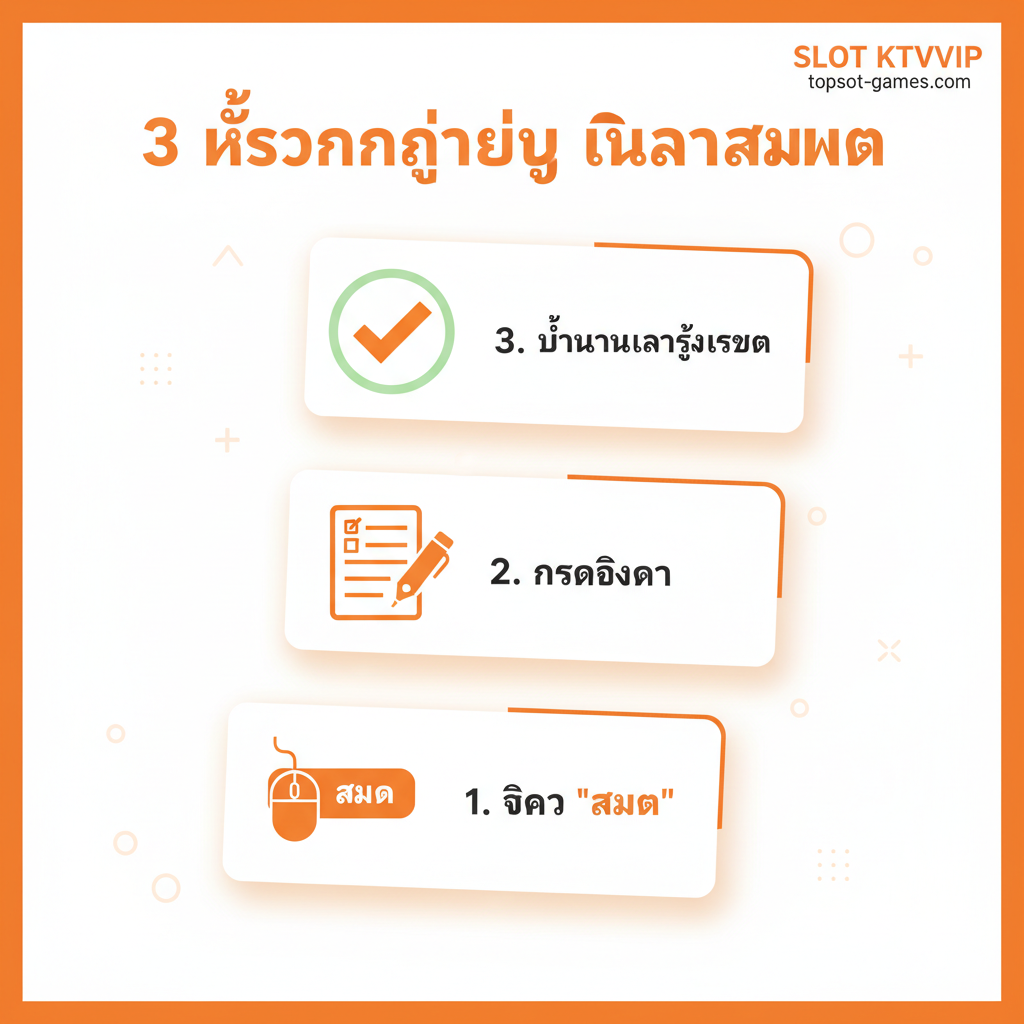 ภาพแนะนำขั้นตอนการสมัครที่ชัดเจน 3 ขั้นตอน ด้วยโทนสีส้มสดใสและสีขาว ไอคอนแสดงถึงการคลิก (สมัคร), การกรอก (แบบฟอร์ม), และการยืนยัน (เข้าสู่ระบบ) โดยรวมเน้นความง่ายดายและรวดเร็ว