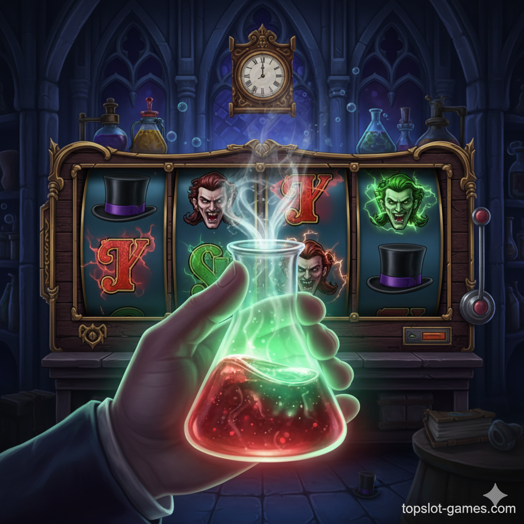 ภาพเน้นฟีเจอร์โบนัสและการแปลงร่าง (Jekyll and Hyde Feature) โดยแสดงสัญลักษณ์ขวดยา (Potion) ที่กำลังส่องแสงอย่างรุนแรงอยู่ตรงกลาง อาจมีมือของตัวละครที่กำลังเทยาหรือถือขวดนั้นอยู่ โดยพื้นหลังเป็นหน้าจอเกมสล็อตที่แสดงวงล้อและสัญลักษณ์ต่างๆ ที่กำลังจะเปลี่ยนไป (Transformation) ใช้โทนสีเข้มและสีสันสดใสของยา (เช่น สีแดง/สีเขียว) เพื่อสื่อถึงพลังและโอกาสในการทำเงินรางวัลใหญ่ เน้นการจัดองค์ประกอบที่ทำให้รู้สึกถึงการเปลี่ยนแปลงที่ฉับพลันและน่าตื่นเต้น