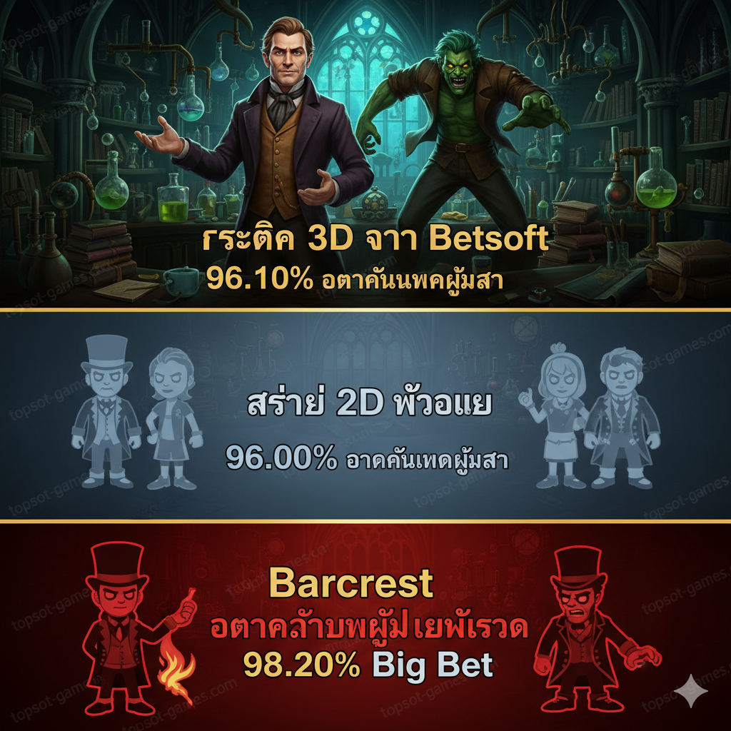 ภาพเปรียบเทียบสล็อต 3 เวอร์ชัน (Betsoft, Microgaming, Barcrest) แต่เน้นไปที่ความโดดเด่นของ Betsoft โดยอาจแบ่งภาพออกเป็น 3 ส่วนในแนวนอนหรือแนวตั้ง ส่วนของ Betsoft ควรมีขนาดใหญ่ที่สุดและมีคำว่า 'Betsoft's 3D Graphics' หรือ '96.10% RTP' เน้นภาพกราฟิก 3D ที่สวยงามของ Betsoft ในขณะที่อีกสองส่วนมีภาพเล็กกว่าและเป็นสไตล์ 2D หรือเน้นตัวเลข RTP สูงสุดของ Barcrest (98.20% Big Bet) ใช้โทนสีที่ตัดกันเพื่อแยกแยะแต่ละค่ายอย่างชัดเจน เช่น Betsoft สีทอง/เขียว, Barcrest สีแดง/ดำ