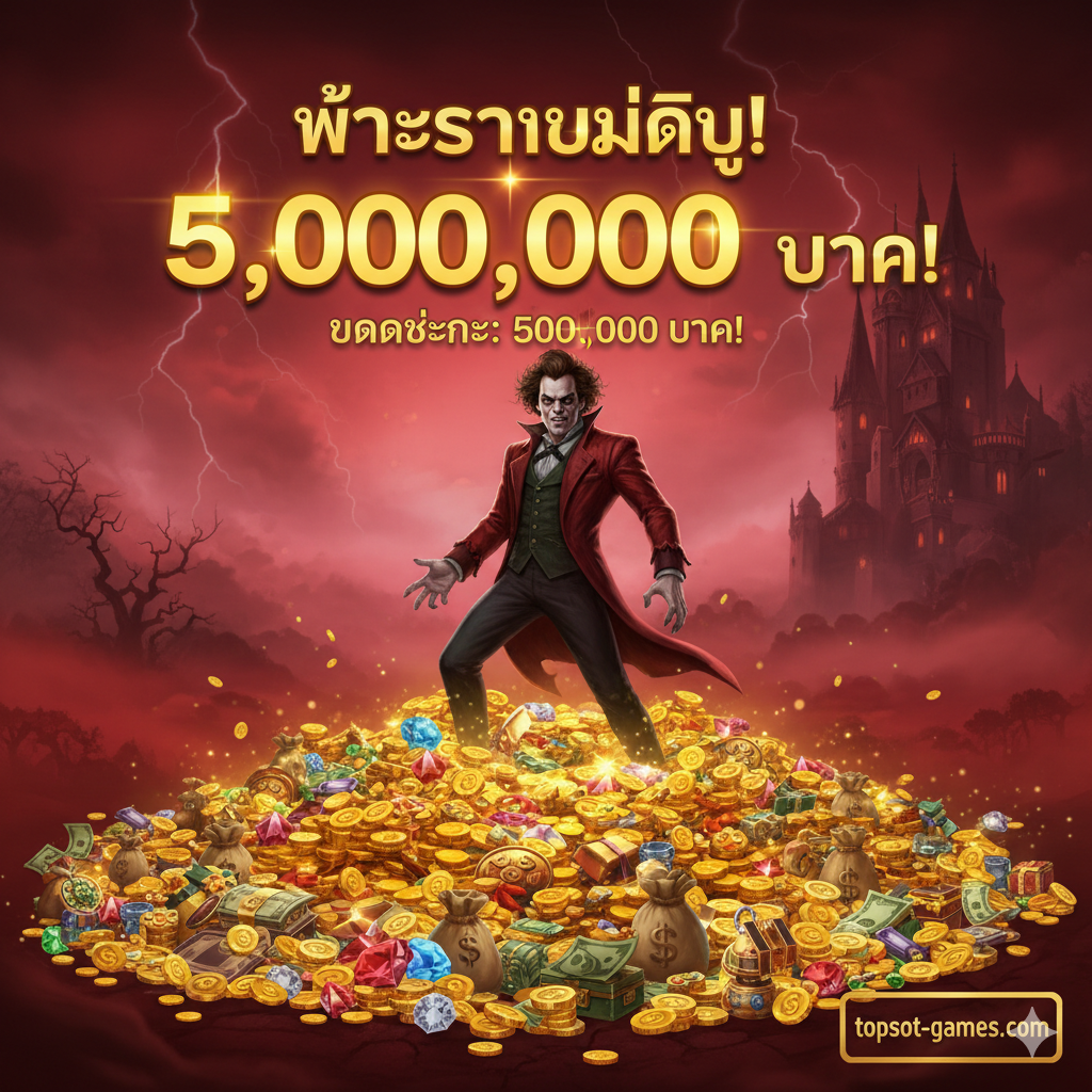 ภาพสรุปและกระตุ้นการตัดสินใจ (CTA) แสดงถึงรางวัลใหญ่ (Big Win) ที่ผู้เล่นได้รับ โดยอาจเป็นภาพหน้าจอเกมที่มีตัวเลขการชนะขนาดใหญ่ (Big Win/Mega Win) พร้อมเหรียญทองที่โปรยลงมา หรือภาพ Mr. Hyde ที่กำลังยืนอยู่เหนือขุมทรัพย์จำนวนมาก เน้นการใช้สีทองและสีแดงเพื่อสื่อถึงความมั่งคั่งและชัยชนะ ในพื้นหลังอาจมีโลโก้ topslot-games.com เล็กๆ เพื่อสร้างการจดจำแบรนด์ โครงสร้างภาพควรให้ความรู้สึกตื่นเต้นและสร้างแรงจูงใจในการเล่นด้วยเงินจริง