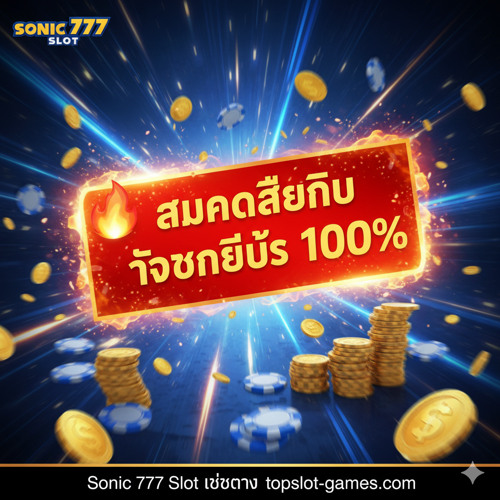 一张具有号召力的总结图,鼓励用户立即行动。图片上应有一个醒目的'🔥 สมัครสมาชิก รับโบนัส 100%' (立即注册,获得100%奖金) 的巨大按钮或横幅。背景是Sonic 777 Slot的抽象元素,如快速移动的光线和金币堆。画面底部以泰语总结关键信息:'Sonic 777 Slot เว็บตรง topslot-games'。使用充满活力的红色和金色作为主要强调色,整体视觉效果引人注目,鼓励用户点击进入。风格应充满紧迫感และโอกาส感。