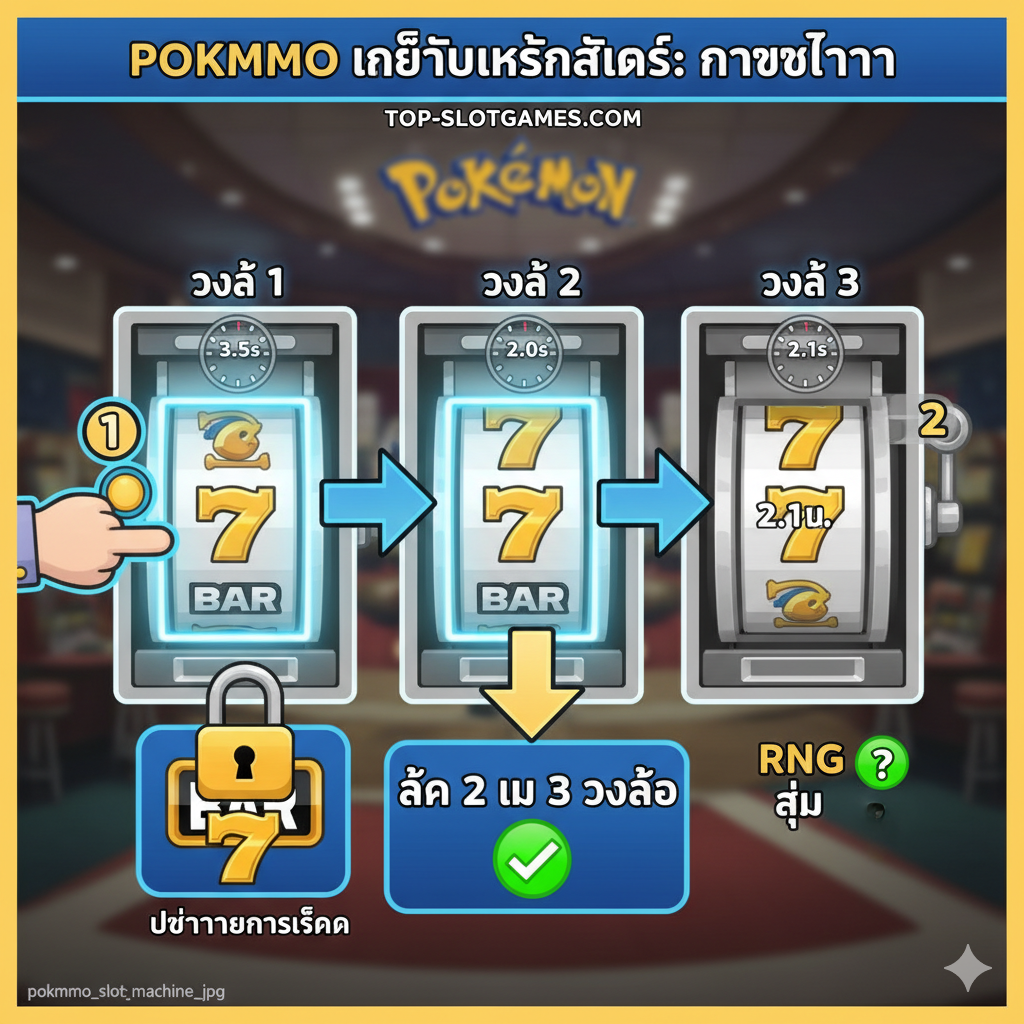功能图片应展示'การจับเวลา (Timing)' 这一核心机制。画面应以剖析图的形式展示老虎机的三个滚轮(Reel 1, Reel 2, Reel 3)。Reel 1 和 Reel 2 被高亮显示,并有倒计时或时钟图标强调“Timing”的重要性。在Reel 1 和 Reel 2 停止的标志上,应有“7”或“Bar”的符号,表明这是玩家努力锁定的目标。Reel 3 则可以模糊或标记为“RNG”,对比其随机性。使用箭头和数字步骤来直观地解释玩家如何通过精确的时机来锁定前两个滚轮,强调“Lock 2 of 3 Reels”的概念。风格为信息图表结合游戏截图。