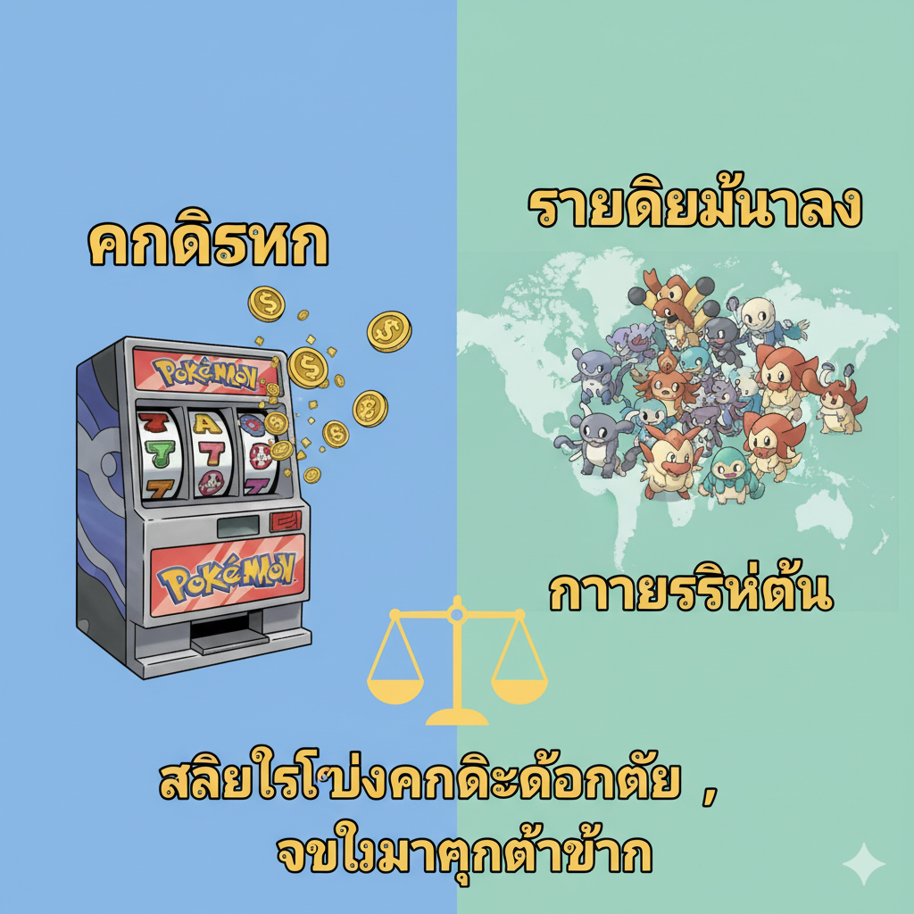 优势对比图，比较老虎机 (Slots) 与捕捉/群刷 (Catching/Horde Farming) 两种主要赚钱方式。画面一分为二，左侧是老虎机，用爆炸性的Pokeyen 符号和“High Profit”标签强调其潜在高收益；右侧是PokeMMO世界地图和一群野生的Smeargle 或 Chansey（代表Horde Farming），用“Stable Income”标签和“Lower Risk”标签表示其稳定性。中间应有一个平衡符号，并配有文字说明：“Slots for Big Gains, Catching for Capital”，强调结合使用是最佳策略。风格为简洁的并列图表，信息清晰。