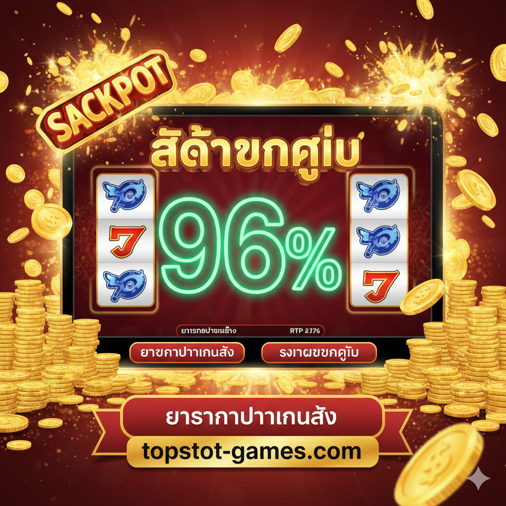 优势图应聚焦于'สล็อตแตกง่าย'และ'RTP'。ภาพ中心是一个巨大的老虎机界面特写，一个高亮度的数字'96%'（代表RTP高）在屏幕上以霓虹绿色突出显示。周围环绕着金币、大奖符号和带有'topslot-games.com'字样的横幅。整体配色采用吸引人的金色、红色和绿色，营造出丰厚回报和'แตกง่าย'的视觉冲击力，强调网站的盈利优势，而非技术优势。