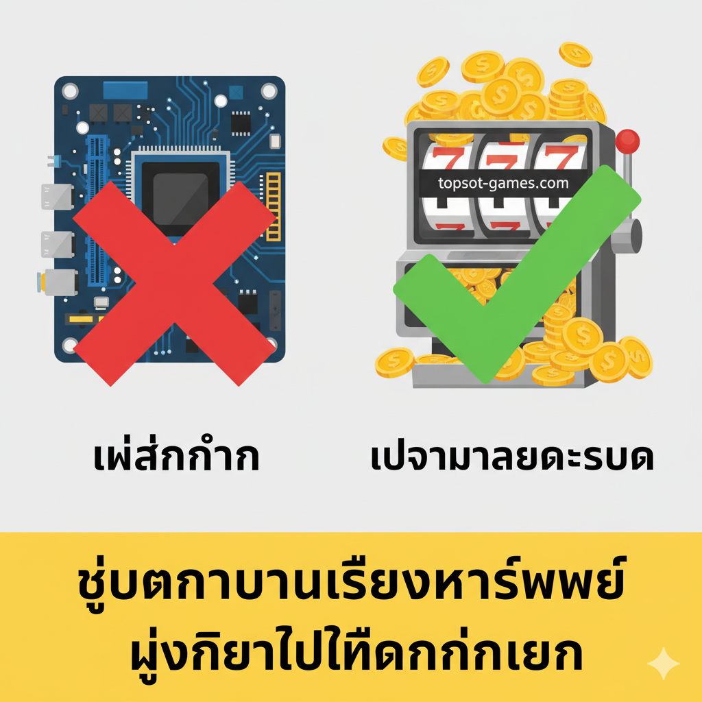 总结图，用于重定向用户的注意力。画面以一个清晰的“❌”符号覆盖在电脑主板和PCIe x16插槽的图像上，象征着“ไม่สำคัญ”。旁边是一个巨大的“✅”符号，指向一个堆满金币和写着'topslot-games.com'的胜利老虎机图案。构图简洁有力，色彩鲜明，强调信息：หยุดกังวลเรื่องฮาร์ดแวร์ มุ่งเน้นไปที่การทำเงิน (Stop worrying about hardware, focus on making money) 的核心观点，引导用户点击进入网站。
