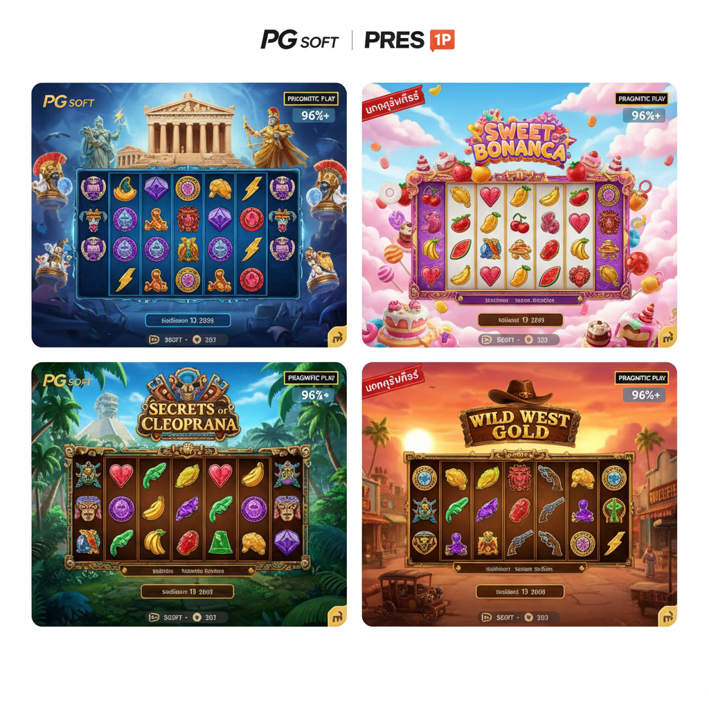一张清晰的老虎机游戏图库展示图，采用简洁的四格或三格布局，展示来自PG Soft和Pragmatic Play的顶级“Gacor”游戏截图或图片。图片应清晰显示游戏主题（如：古希腊神话、水果、玛雅文明），并配上小图标或文字标签“RTP 96%+”หรือ“แตกง่ายที่สุด”。整体色彩鲜明，强调游戏的视觉吸引力和高回报率，旨在吸引用户点击查看。