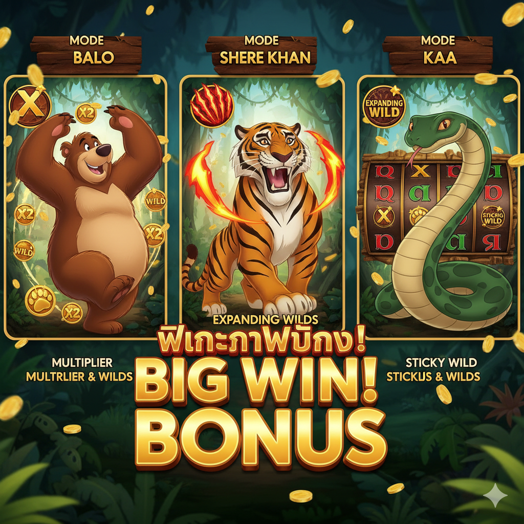 ภาพที่แสดงฟีเจอร์โบนัสหลักของเกม 'Jungle Book Slot' โดยแบ่งภาพเป็น 3 ช่องเพื่อแสดงโหมดโบนัสตัวละครที่สำคัญ: Baloo (โบนัส Multiplier/Wilds), Shere Khan (Expanding Wilds) และ Kaa (Sticky Wilds) ในแต่ละช่องมีภาพตัวละครและไอคอนโบนัสที่เกี่ยวข้องอย่างชัดเจน (เช่น กรงเล็บเสือ, รอยเท้าหมี, งูพันวงล้อ) โทนสีเน้นความน่าตื่นเต้นและมีตัวอักษร 'BIG WIN' หรือ 'BONUS' สะท้อนแสงอยู่ตรงกลาง ภาพรวมให้ความรู้สึกถึงความผันผวนสูงและโอกาสในการชนะรางวัลใหญ่.