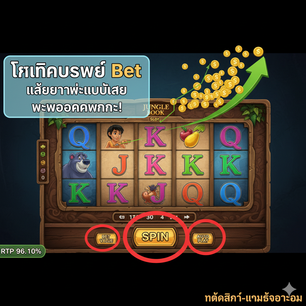 ภาพแนวคิดการสอนและกลยุทธ์การเล่น 'Jungle Book Slot' ที่ดูเรียบง่ายและเป็นระบบ แสดงให้เห็นถึงหน้าจอเกมสล็อตจริงพร้อมการเน้นวงกลมสีแดงที่ปุ่มสำคัญ เช่น ปุ่ม 'Spin', 'Bet Value' และ 'Auto Play' มีกราฟิกแผนภาพเส้นทางของเหรียญทองหรือกำไรที่พุ่งสูงขึ้นเป็นลูกศรสีเขียวขนาดใหญ่ เพื่อสื่อถึงการทำกำไรตามสูตรที่แนะนำ จัดองค์ประกอบภาพให้มีพื้นที่ว่างสำหรับใส่ข้อความสั้นๆ เกี่ยวกับ 'เทคนิคบริหาร Bet' ในภาษาไทย ด้านล่างมีป้ายเล็กๆ ที่สื่อถึง 'RTP 96.10%'
