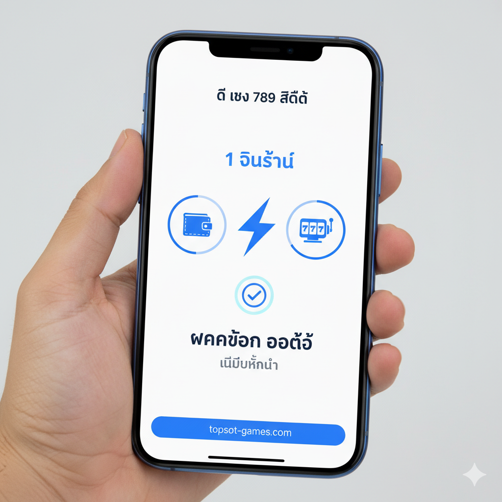 An image illustrating the speed and efficiency of the 'Auto 100%' system. The main focus is a modern, minimalist interface on a mobile phone screen (representing the mobile-friendly aspect), showing a transaction (deposit/withdrawal) confirmed instantly, perhaps with a '1 Second' timer icon or a 'lightning bolt' graphic connecting two icons: a bank/wallet symbol and a slot machine symbol. Use clean blue and white colors to convey reliability and speed. The Thai text 'ฝากถอน ออโต้' (Auto Deposit-Withdrawal) and 'ไม่มีขั้นต่ำ' (No Minimum) should be subtly integrated as key features.