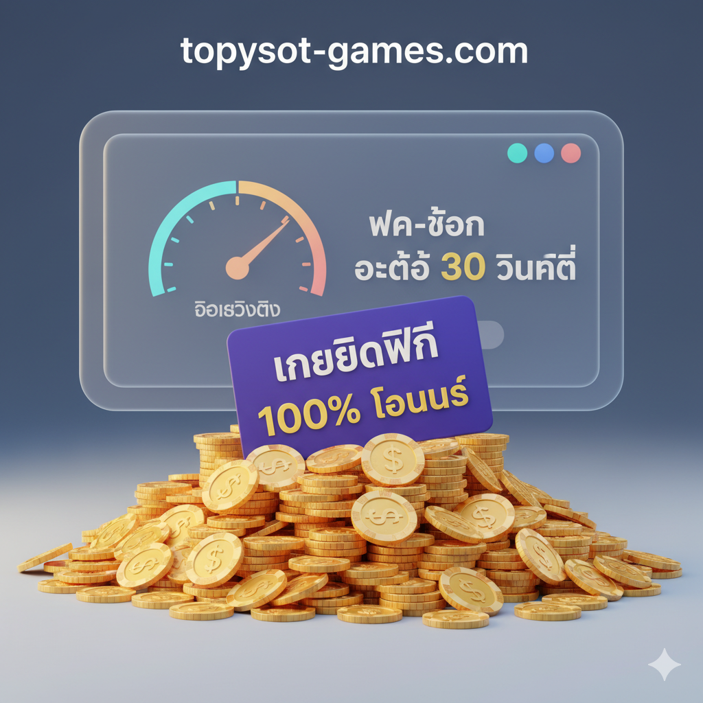 ภาพที่เน้นความเร็วและความง่ายในการทำธุรกรรมของ topslot-games.com ประกอบด้วยกองเหรียญ โบนัส 100% เครดิตฟรี และข้อความ 'ฝาก-ถอน ออโต้ 30 วินาที' เพื่อแสดงถึงข้อได้เปรียบของแพลตฟอร์ม