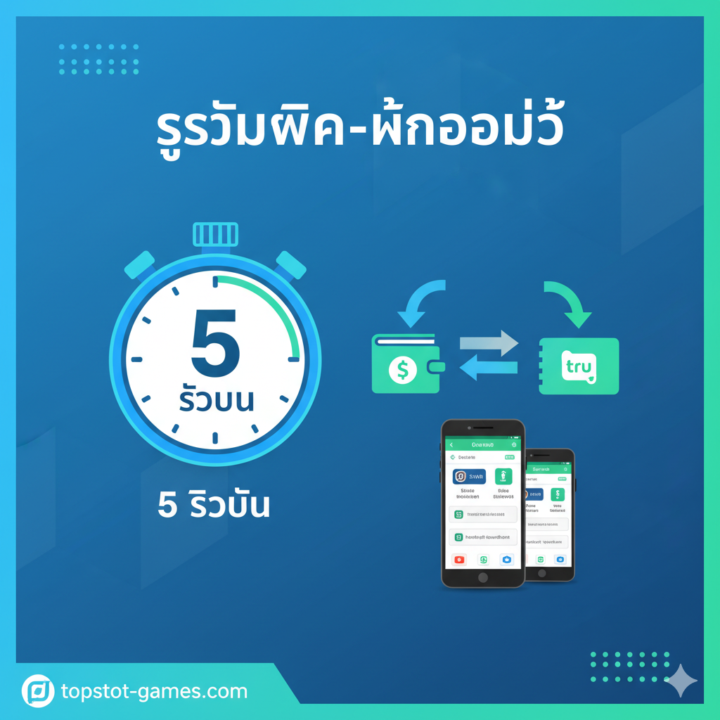 ภาพแสดงฟีเจอร์เด่น 'ระบบฝาก-ถอนออโต้ 5 วินาที' ใช้การออกแบบแนว Infographic ที่ทันสมัยและเข้าใจง่าย โทนสีฟ้าและเขียว (Aqua & Emerald Green) เพื่อสื่อถึงความเร็วและความน่าเชื่อถือ องค์ประกอบประกอบด้วย: รูปนาฬิกาจับเวลาแสดงเลข '5 วินาที', สัญลักษณ์ลูกศรเข้า-ออก (ฝาก-ถอน), ไอคอนมือถือแสดงหน้าจอแอปธนาคาร/ทรูวอลเล็ต และโลโก้ topslot-games.com อยู่มุมล่างซ้าย การจัดวางแบบ Clean Design เน้นการสื่อสารที่รวดเร็ว