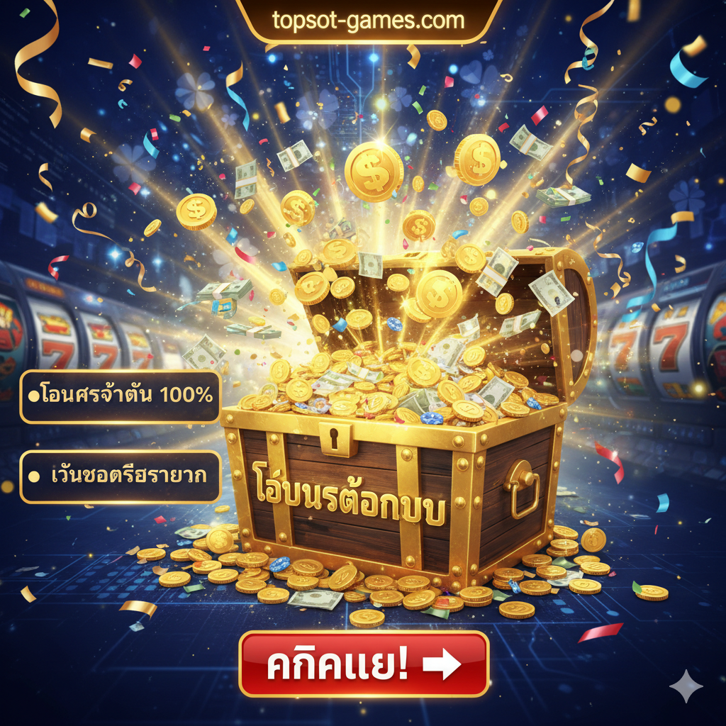 总结图片用于刺激行动和突出新用户奖励。画面中心是一个巨大的礼品盒或宝箱，正从里面涌出金币和奖金。宝箱上可以写着“BONUS 100%”或“โบนัสต้อนรับ”的泰语。周围有闪烁的光芒和彩带，营造出庆祝气氛。左侧或右侧列出两个重点促销信息：“โบนัสต้อนรับ 100%” 和 “คืนยอดเสียรายวัน”。整体色彩明亮、欢快，并用一个醒目的“คลิกเลย!”或“เริ่มเล่นทันที”的按钮形状作为底部元素，引导用户采取行动。