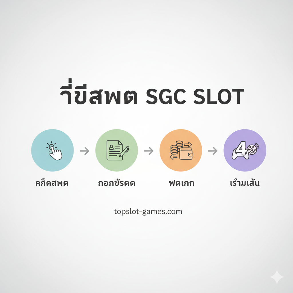 教程图片，聚焦于'วิธีสมัคร sgc slot'（SGC Slot注册方法）。图片风格简洁、步骤清晰。主画面为三个或四个编号的圆圈或方框，用箭头连接，代表注册步骤。每个步骤中应有简单的图标และ泰语文字，例如：1. 'คลิกสมัคร' (点击注册)，2. 'กรอกข้อมูล' (填写信息)，3. 'ฝากเงิน' (存款)，4. 'เริ่มเล่น' (开始游戏)。色彩使用柔和、易读的对比色，避免过于花哨，确保用户能轻松理解注册流程。