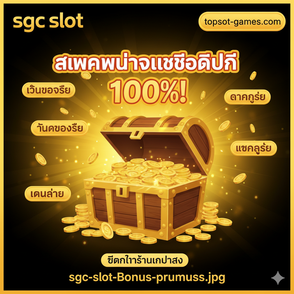 总结图片,突出'โปรโมชั่นและโบนัสที่ดีที่สุด'(最佳促销和奖金)。画面应充满活力和诱惑力,主色调为亮黄、金和红。中心是一个打开的宝箱,里面溢出金币和筹码。上方用大号泰语写着'สมัครใหม่รับเครดิตฟรี 100%!'(新注册送免费信用100%!)。周围环绕着小标签,如'คืนยอดเสีย'(返还损失)、'แตกง่าย'(易爆奖)และ'topslot-games.com',作为最终行动号召和价值总结,激励用户立即注册。