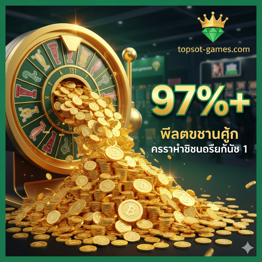 ภาพที่เน้นความน่าเชื่อถือและผลตอบแทนสูงของ topslot-games.com ภาพควรมีกองเหรียญทองขนาดมหึมา หรือสัญลักษณ์ดอลลาร์/บาทที่ทะลักออกมาจากวงล้อสล็อต แสดงตัวเลข RTP สูงๆ เช่น 97%+ ด้วยตัวอักษรขนาดใหญ่และโดดเด่น จัดวางโลโก้ (สมมติ) ของ topslot-games.com ไว้ที่มุมบนขวาในลักษณะที่ดูเป็นแบรนด์ที่น่าเชื่อถือ ใช้โทนสีเขียวสดใสและสีทองเพื่อสื่อถึงความมั่งคั่งและความปลอดภัยในการเล่น คอมโพสิชั่นเป็นแบบกึ่งมุมสูงเพื่อให้เห็นความอลังการของรางวัลที่กำลังจะได้รับ