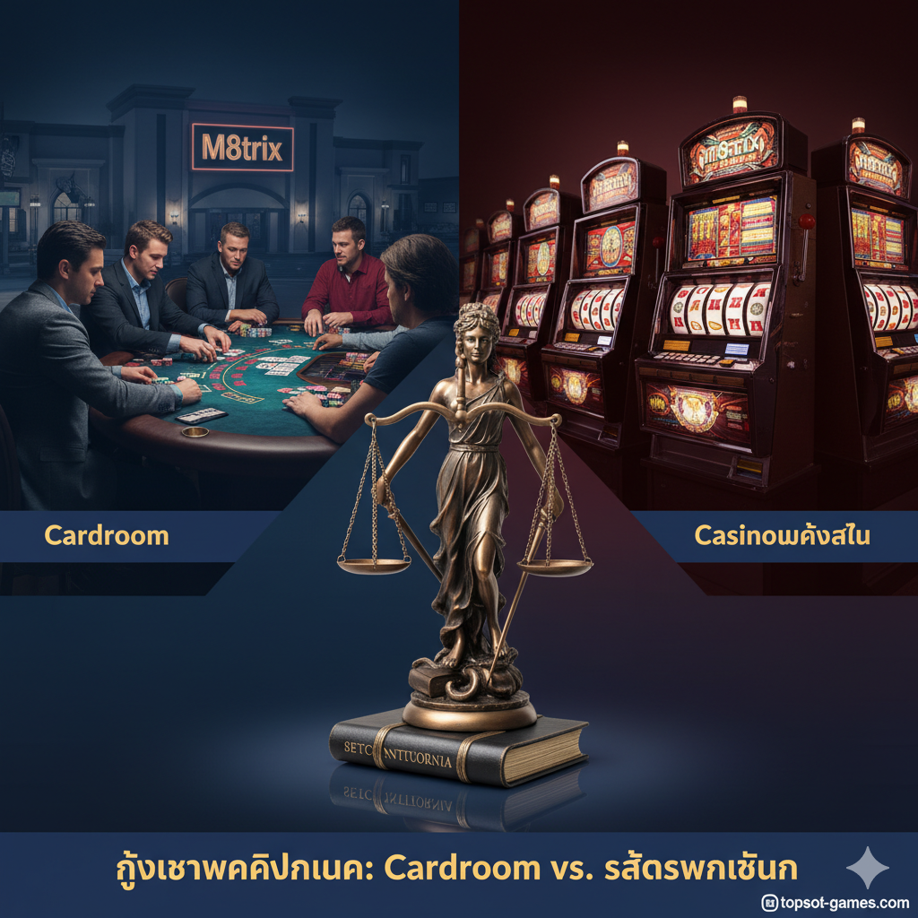 ภาพประกอบส่วนที่ 2 ที่อธิบายเรื่องกฎหมายแคลิฟอร์เนียและ Cardroom ภาพควรแบ่งครึ่งหรือใช้การเปรียบเทียบ (VS) ที่ชัดเจน ด้านซ้ายเป็นภาพโต๊ะโป๊กเกอร์หรือแบล็คแจ็คที่มีผู้เล่นกำลังเล่น (Cardroom, M8trix) และด้านขวาเป็นภาพตู้สล็อตแมชชีนแบบดั้งเดิม (Tribal Casino) มีองค์ประกอบของตรากฎหมาย (Scales of Justice) หรือรัฐธรรมนูญของแคลิฟอร์เนียวางอยู่ตรงกลางเพื่อสื่อถึง 'กฎหมาย' โทนสีเป็นสีฟ้าและแดงเข้มเพื่อสื่อถึงความจริงจังของข้อบังคับทางกฎหมาย
