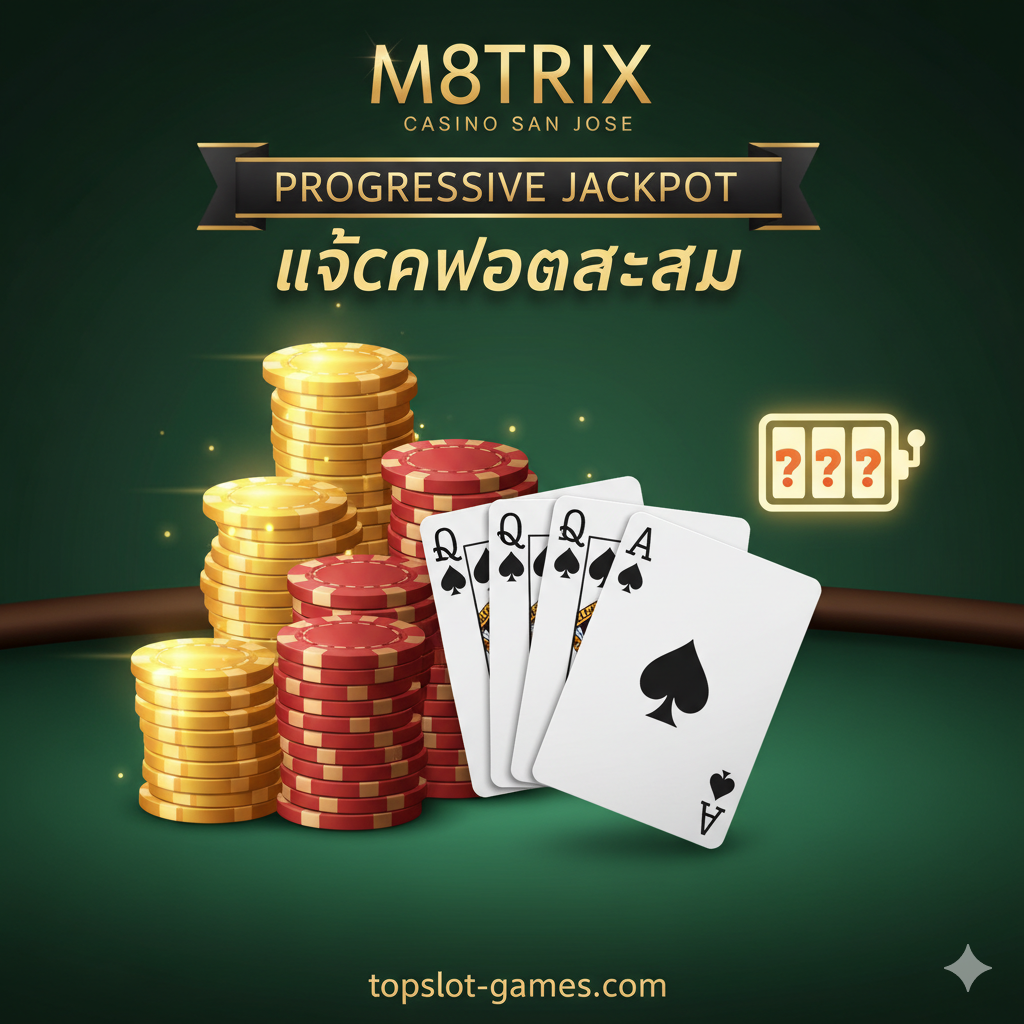ภาพประกอบส่วนที่ 3 ที่อธิบายถึง Progressive Jackpot ในเกมไพ่ของ M8trix ภาพควรแสดงมือไพ่ที่หายาก (เช่น Royal Flush หรือ Four of a Kind) วางอยู่บนโต๊ะแบล็คแจ็คหรือโป๊กเกอร์ และมีชิปคาสิโนกองใหญ่วางอยู่ข้างๆ ซึ่งถูกเน้นด้วยเอฟเฟกต์แสงไฟสว่างวูบวาบเพื่อสื่อถึง 'แจ็คพอต' แต่ต้องมีวงล้อสล็อตเล็กๆ ปรากฏอยู่ข้างๆ มือไพ่และมีเครื่องหมายคำถามกำกับอยู่ เพื่อสื่อสารว่านี่คือแจ็คพอตไพ่ ไม่ใช่สล็อต