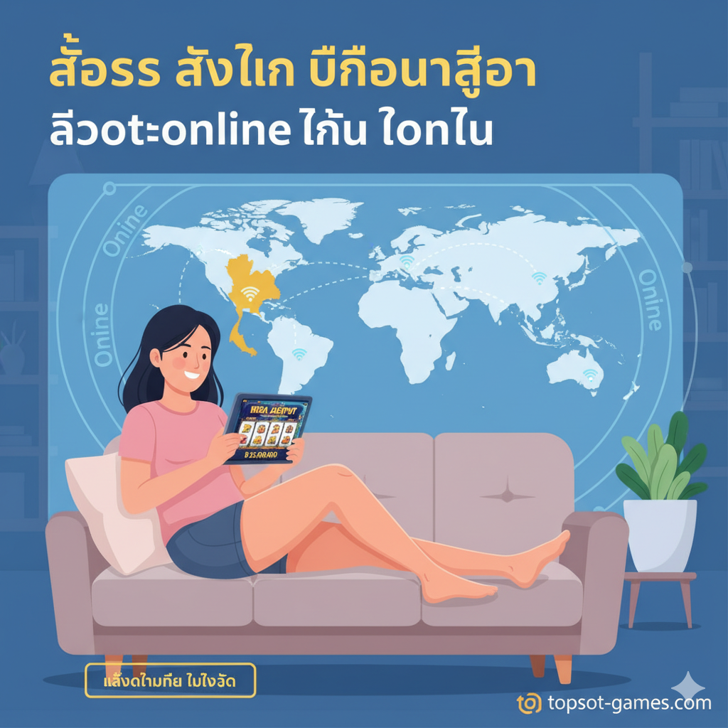 ภาพประกอบส่วนที่ 4 ที่เน้นข้อได้เปรียบของสล็อตออนไลน์สำหรับคนไทย ภาพควรแสดงผู้เล่นชาวไทย (อาจเป็นผู้หญิงยิ้มแย้ม) กำลังนั่งสบายๆ อยู่ในบ้านหรือโซฟา พร้อมกับถือสมาร์ทโฟนหรือแท็บเล็ตที่มีหน้าจอเกมสล็อตออนไลน์ที่มีกราฟิกสวยงามและมี Mega Jackpot ตัวเลขหลักล้านแสดงอยู่ มีฉากหลังเป็นแผนที่โลกที่เน้นประเทศไทยและสัญลักษณ์ 'Wi-Fi' หรือ 'Online' เพื่อสื่อถึงความสะดวกสบายในการเข้าถึงและโอกาสชนะที่สูงกว่าการเดินทางไป Cardroom