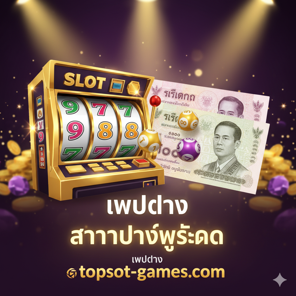 ออกแบบ一张高ความผันผวน (High Volatility) และน่าดึงดูดใจสำหรับบทความสล็อตหวยออนไลน์ โทนสีหลักควรเป็นสีทองและสีม่วงเข้ม สื่อถึงความร่ำรวยและโชคลาภ องค์ประกอบหลักคือการซ้อนทับกันของสล็อตแมชชีนที่มีวงล้อหมุนเป็นเลขมงคล (เช่น 9, 8, 8) และภาพสลากกินแบ่งรัฐบาลไทย (Lottery Ticket) หรือลูกบอลหมายเลขที่กำลังถูกจับรางวัล โลโก้ 'topslot-games.com' ควรวางอยู่ด้านล่างอย่างเด่นชัด โดยมีแสงสปอตไลท์สีทองส่องลงมาจากด้านบน เน้นข้อความ 'เว็บตรง' และ 'อัตราจ่ายสูงสุด' ด้วยตัวอักษรขนาดใหญ่และสว่าง.