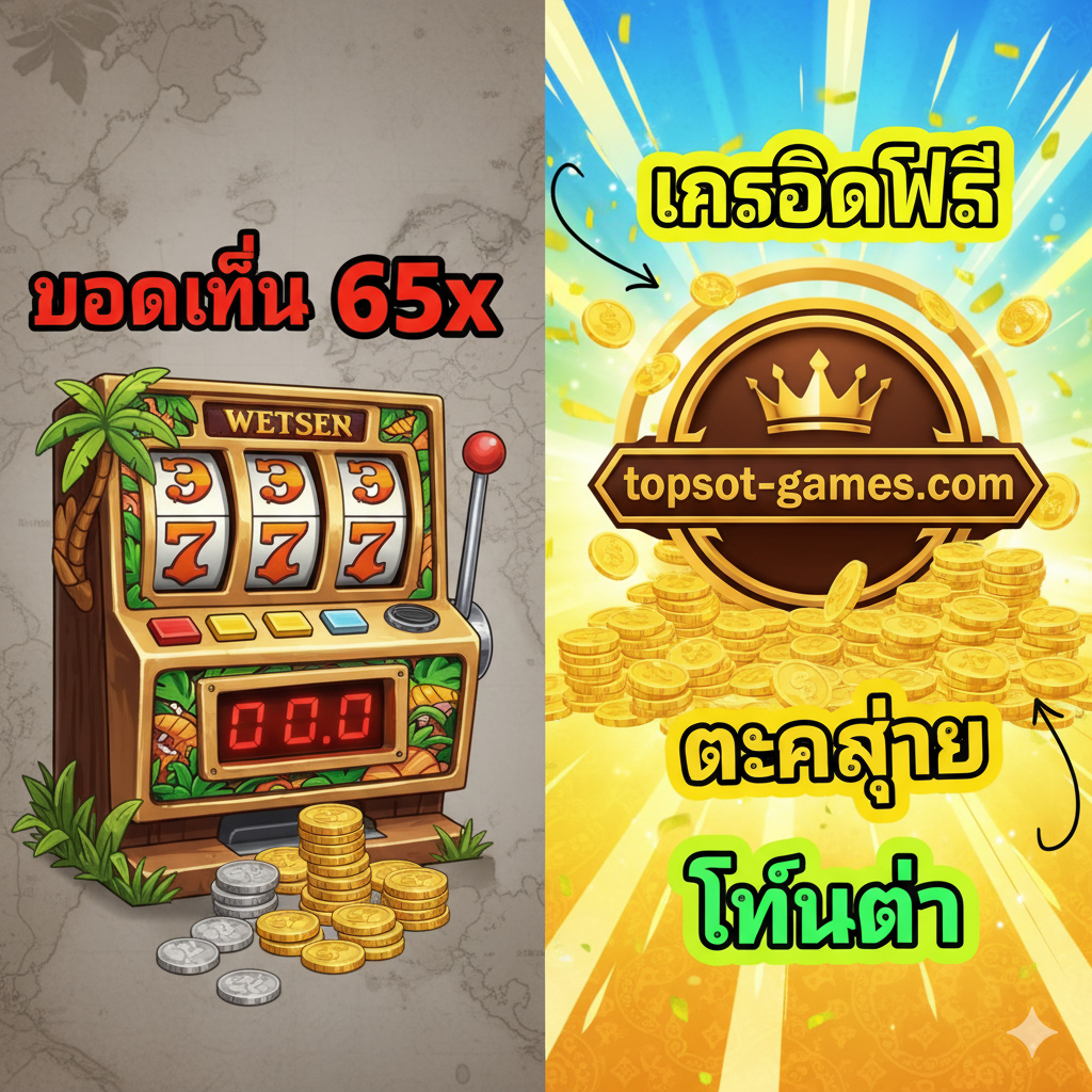 ภาพเน้นคุณสมบัติหลักของ topslot-games.com ในการให้โบนัสและเครดิตฟรีที่เหนือกว่าแบรนด์ต่างประเทศ (Section 3.2) ใช้กราฟิกเปรียบเทียบที่ชัดเจน: ด้านหนึ่งเป็นสล็อตแมชชีนสไตล์ตะวันตก (สื่อถึง Amazon Slots) มีตัวเลข Wagering Requirement สูง (เช่น 65x) อีกด้านหนึ่งเป็นโลโก้ของ topslot-games.com ล้อมรอบด้วยเหรียญทองและสัญลักษณ์ 'เครดิตฟรี' 'แตกง่าย' และ 'Wagering ต่ำ' ในสไตล์ไทย เน้นสีสันสดใสเพื่อสื่อถึงความคุ้มค่าและใช้งานง่าย