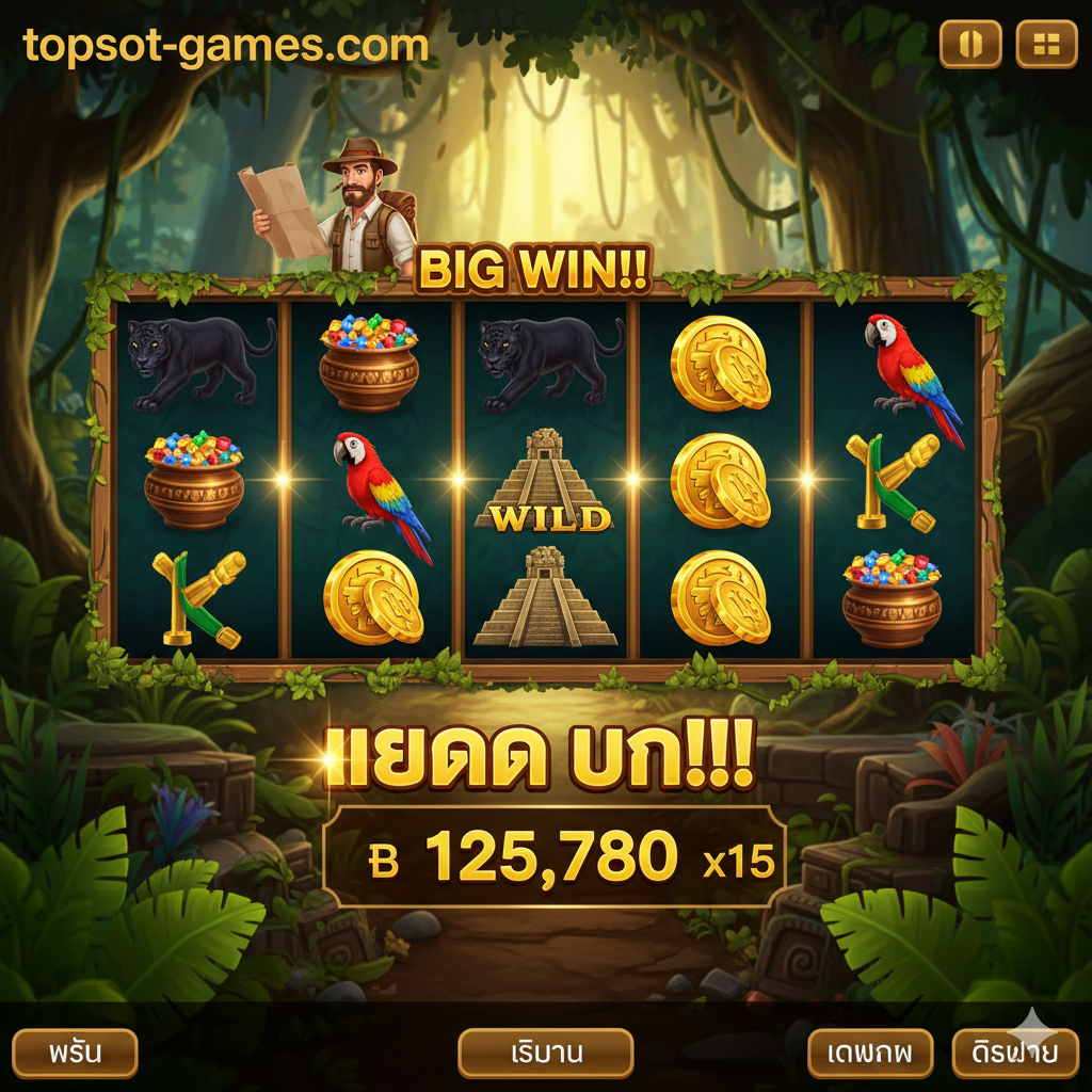 ภาพสำหรับส่วน 'สล็อตธีมป่าอเมซอน' (Section 4) แสดงหน้าจอเกมสล็อตยอดนิยมที่มีธีมป่า เช่น 'Jungle Jim' หรือ 'Wild Bandito' (ไม่ใช้โลโก้เฉพาะเจาะจง) ที่แสดงสัญลักษณ์ชนะรางวัลใหญ่ (Big Win) หรือหน้าต่างโบนัสฟรีสปิน เน้นภาพกราฟิก 3D สวยงามของตัวละครนักสำรวจและขุมทรัพย์ในป่า โทนสีน้ำตาล-เขียวอมเหลืองทอง จัดวางให้เห็นวงล้อสล็อตที่กำลังหมุน พร้อมแสดงตัวคูณ (Multiplier) และยอดเงินรางวัลที่พุ่งสูงขึ้นเป็นภาษาไทยเล็กน้อย