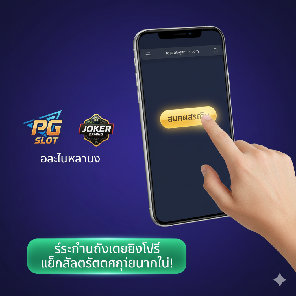 ภาพสรุปและกระตุ้นการตัดสินใจ (Call to Action - Section 5) แสดงมือที่กำลังแตะปุ่ม 'สมัครสมาชิก' หรือ 'เข้าเล่นทันที' บนหน้าจอโทรศัพท์มือถือที่เปิดไปยังหน้าเว็บไซต์ topslot-games.com ด้านข้างมีโลโก้ PG Slot และ Joker Gaming เป็นสัญลักษณ์ของค่ายเกมแตกง่ายที่บทความแนะนำ ใช้สีพื้นหลังที่โดดเด่น เช่น สีม่วงหรือน้ำเงินเข้ม ตัดกับปุ่ม CTA สีทองหรือสีเขียวสดใส และมีข้อความสรุปเป็นภาษาไทยสั้นๆ ว่า 'เริ่มต้นรับเครดิตฟรี เล่นสล็อตแตกง่ายทันที!'