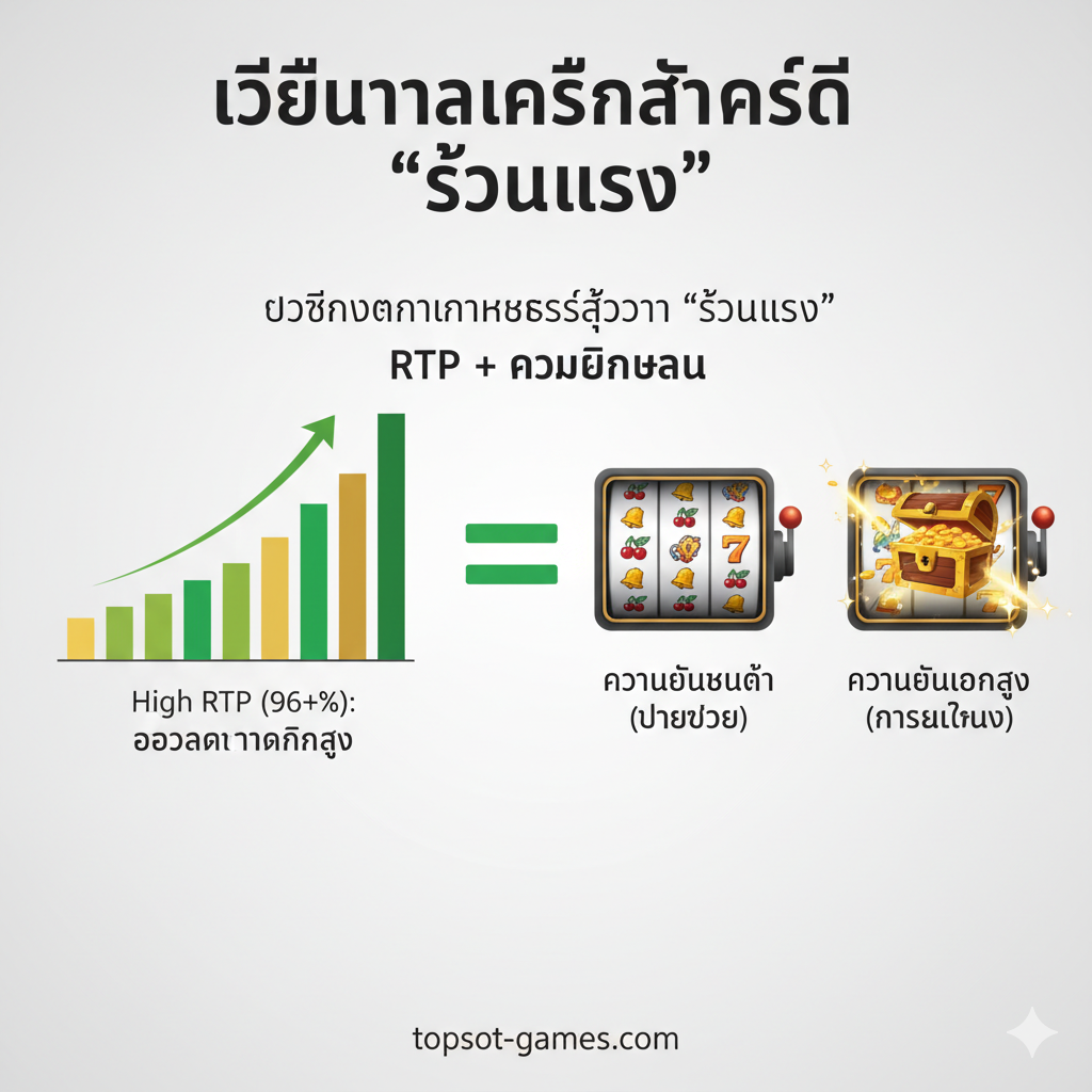 一张图解'RTP'和'Volatility'这两个核心概念的功能图。画面左侧用一个向上箭头的图表代表'High RTP (96%+)：โอกาสทำกำไรสูง'，用绿色和金色调突出稳定回报。右侧用两个不同的老虎机符号并排：一个符号小而多，代表'Low Volatility (จ่ายบ่อย)'；另一个符号大而稀有，周围环绕ด้วย爆炸และ闪光效果，代表'High Volatility (รางวัลใหญ่)'。中间用一个醒目的数学符号或等式เชื่อมต่อ，强调这些คือตัวชี้วัดทางคณิตศาสตร์ที่กำหนด'ความร้อน'ของเครื่องสล็อต。สไตล์ควรจะชัดเจนและเป็นอินโฟกราฟิก。