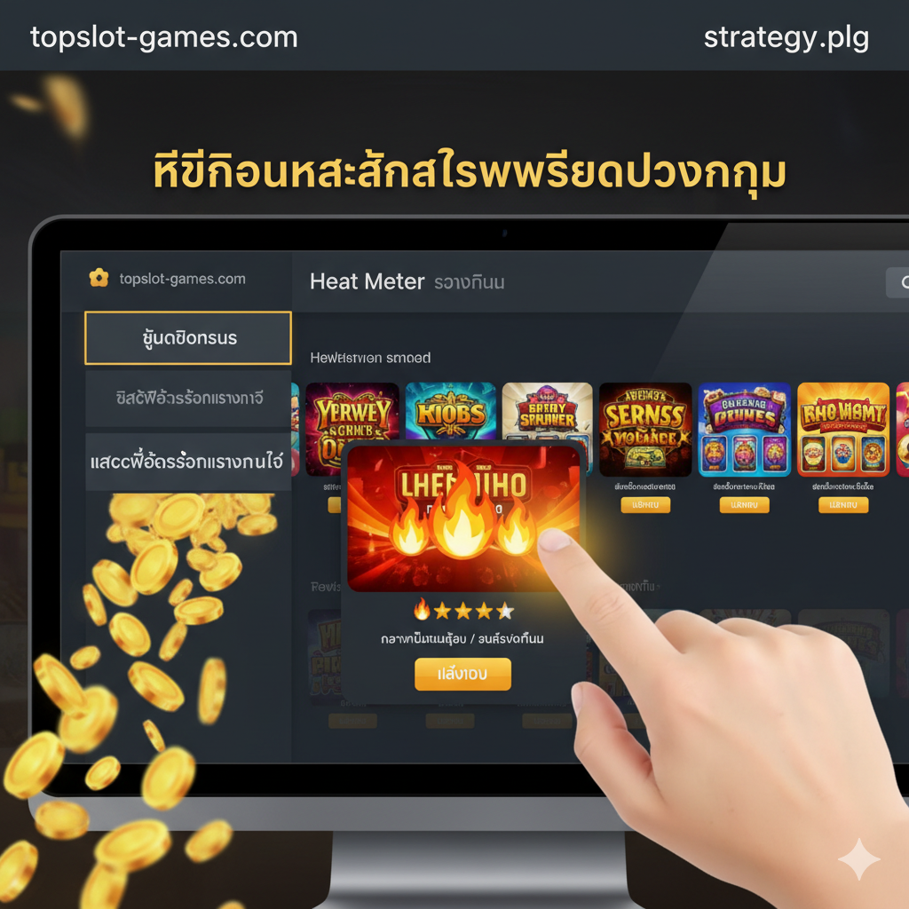 一张描绘查找'Hot Slot'策略的教程图。画面中央是一个电脑或手机屏幕的截图，模拟用户ใน'topslot-games.com'网站上使用'Heat Meter'功能。屏幕上แสดง一排老虎机游戏的缩略图，其中一个游戏下方有一个醒目的'🔥🔥🔥🔥🔥'火焰图标，旁边文字标注'High Volatility / Hot Slot'。一只手（代表玩家）正指着或点击这个高热度图标。图片应强调'Bonus Buy'和'Hot Drop Jackpots'的选项卡，并用金币飞出的动画效果暗示立即获得高额奖励。