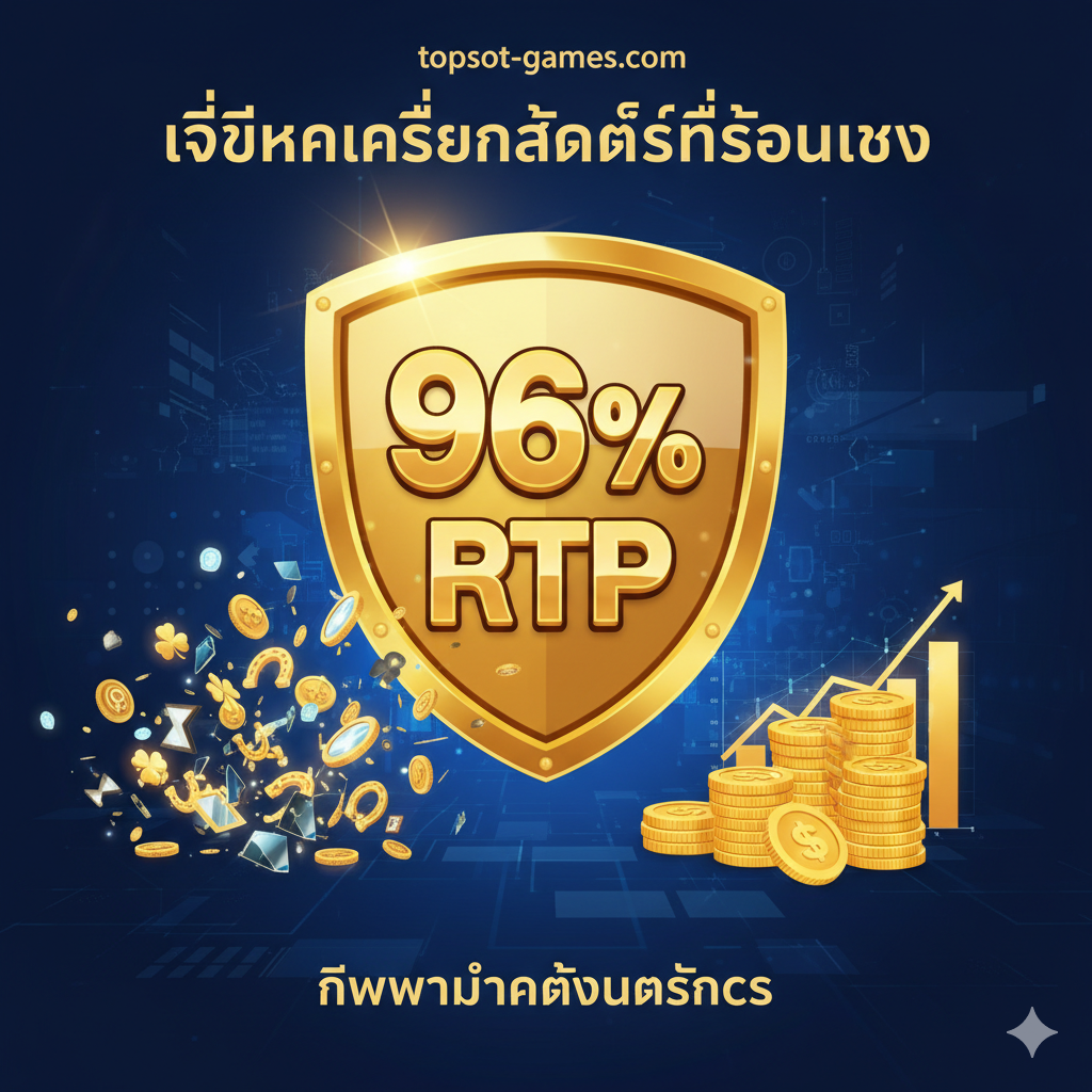 一张突出使用高RTPและ策略优势的图片。核心元素是一个巨大的、闪闪发光的金色盾牌หรือ徽章，上面写着'96%+ RTP'。徽章下方是一个对比图，左侧是混乱、随机的符号（代表迷信），右侧是清晰、有条理的堆栈金币และ数据图表（代表基于数据的决策）。整个画面传达出'数据驱动的胜利'和'专业选择的优势'。色彩以金色、深蓝和白色为主，强调专业性、信任และ财富。