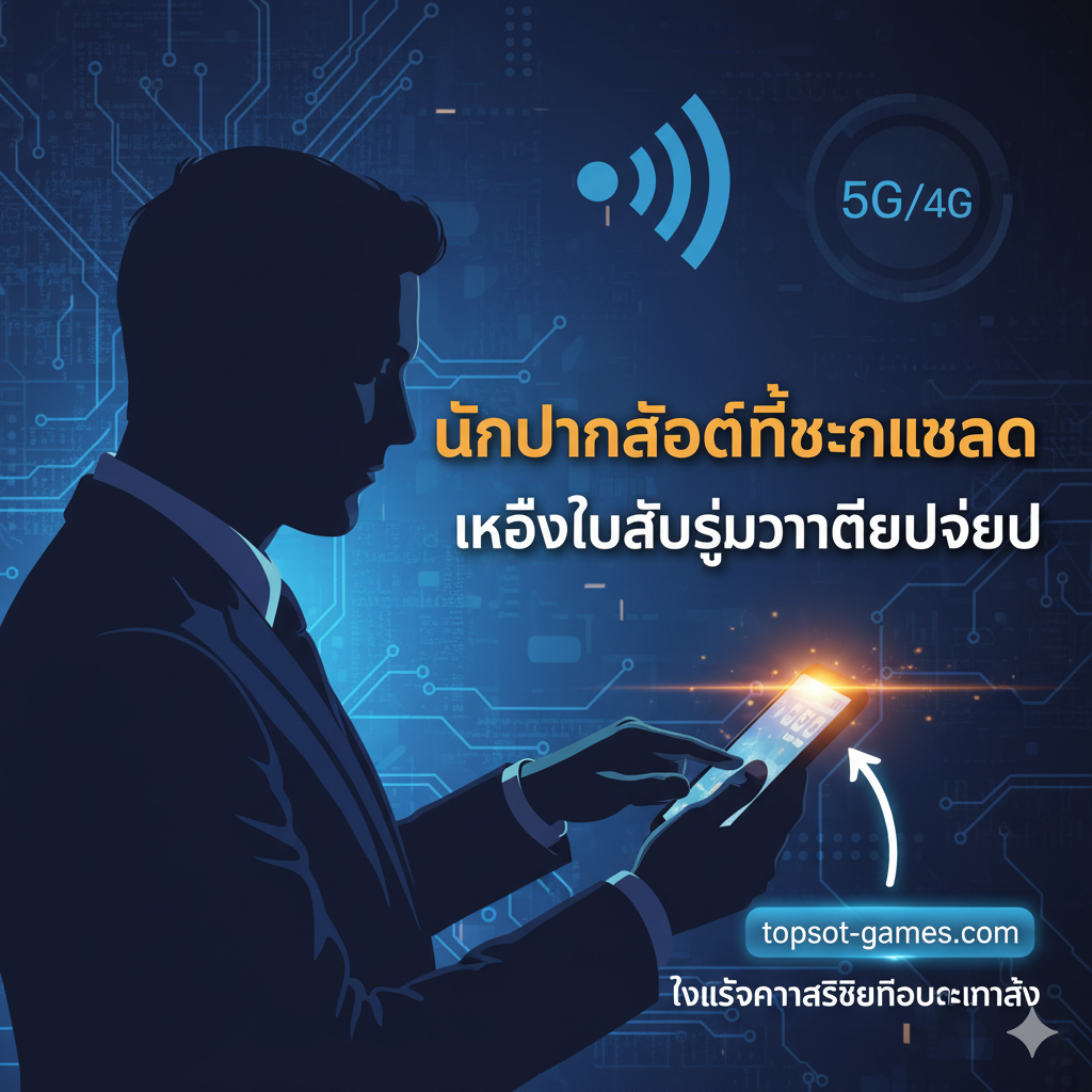 ภาพสรุปที่เป็นแรงบันดาลใจ แสดงภาพเงาของนักเล่นสล็อตที่ดูเป็นมืออาชีพและชาญฉลาด (อาจเป็นรูปคนที่กำลังกดโทรศัพท์ด้วยความมั่นใจ) พื้นหลังมีลายวงจรดิจิทัลและสัญลักษณ์ 5G/4G ที่กำลังทำงานอยู่. มีป้ายข้อความหลัก 'นักปั่นสล็อตที่ชาญฉลาด' หรือ 'เคล็ดลับลับสู่ความได้เปรียบ' (The Smart Player's Advantage) เป็นภาษาไทยที่โดดเด่น. มีลูกศรหรือเส้นเชื่อมโยงจากโทรศัพท์ไปยังเว็บไซต์ topslot-games.com เพื่อเชิญชวนให้ไปทดสอบความเสถียรของเครือข่ายที่ตั้งค่าไว้.