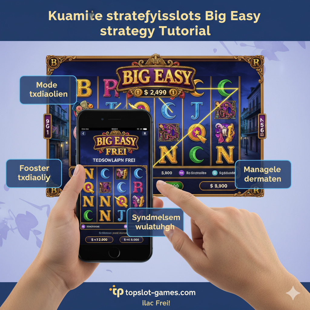 ภาพประกอบคำแนะนำและกลยุทธ์ในการเล่นสล็อต Big Easy เน้นการฝึกฝนด้วยเวอร์ชัน Demo (Gratis) แสดงมือที่กำลังแตะหน้าจอโทรศัพท์มือถือที่กำลังเล่นเกมสล็อต Big Easy ในโหมด 'Free Play' มีฉากหลังเป็นภาพจำลองหน้าต่างเกมที่มีเส้นเพย์ไลน์แสดงผลชนะที่ชัดเจน พร้อมกราฟิกข้อความแบบป๊อปอัพ 3 อันเล็กๆ เน้นคำว่า 'Demo', 'Manage Bet', และ 'High Value Wild' เพื่อสื่อถึงกลยุทธ์หลัก สีสันสดใสแต่เน้นความน่าเชื่อถือแบบข้อมูลเชิงลึก
