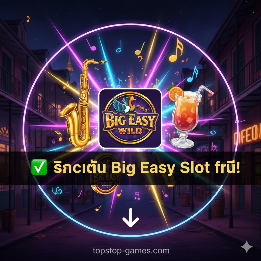 ภาพสรุปและกระตุ้นการตัดสินใจ (Call-to-Action) โดยใช้ภาพไอคอนหลักของเกม เช่น แซกโซโฟน, โลโก้ Big Easy Wild, และแก้วเครื่องดื่มในบรรยากาศ New Orleans ยามค่ำคืนที่เต็มไปด้วยสีสันของดนตรีแจ๊ส จัดองค์ประกอบแบบวงกลมที่มีพลังงาน ตรงกลางมีข้อความเด่นเป็นภาษาไทยว่า '✅ คลิกเล่น Big Easy Slot ฟรี!' พร้อมลูกศรชี้ลงอย่างชัดเจน ใช้โทนสีมืดและมีแสงไฟนีออนพุ่งออกมาเพื่อสร้างความรู้สึกตื่นเต้นและเชื้อเชิญให้เริ่มเล่น