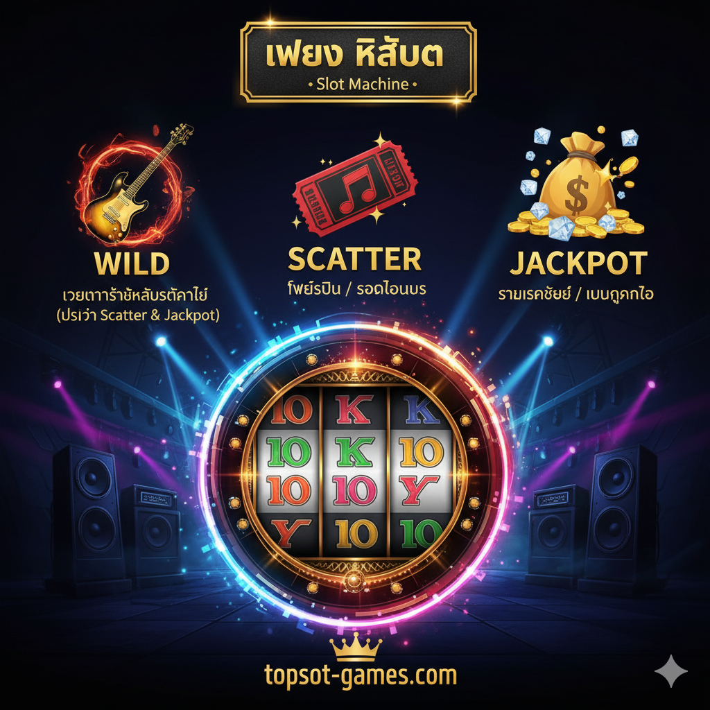 ภาพอธิบาย ฟีเจอร์สำคัญของเกมสล็อต ที่เชื่อมโยงกับดนตรีร็อค เน้นสัญลักษณ์ Wild, Scatter, และ Jackpot บนพื้นหลังของวงล้อสล็อตที่มีแสงไฟนีออนสว่างไสว สัญลักษณ์ Wild อาจเป็นรูปกีตาร์ไฟฟ้า, Scatter เป็นรูปตั๋วคอนเสิร์ต, และ Jackpot เป็นถุงเงินขนาดใหญ่หรือเพชรระเบิด ด้านล่างมีข้อความเล็กๆ อธิบายถึงความหมายของแต่ละสัญลักษณ์ (เช่น Wild = เติมเต็ม, Scatter = ฟรีสปิน) การจัดวางเป็นแบบ Infographic-style ที่ชัดเจนและเข้าใจง่าย ใช้สีหลักคือสีทอง, ดำ, และแดง เพื่อสื่อถึงความหรูหราและความเร้าใจ